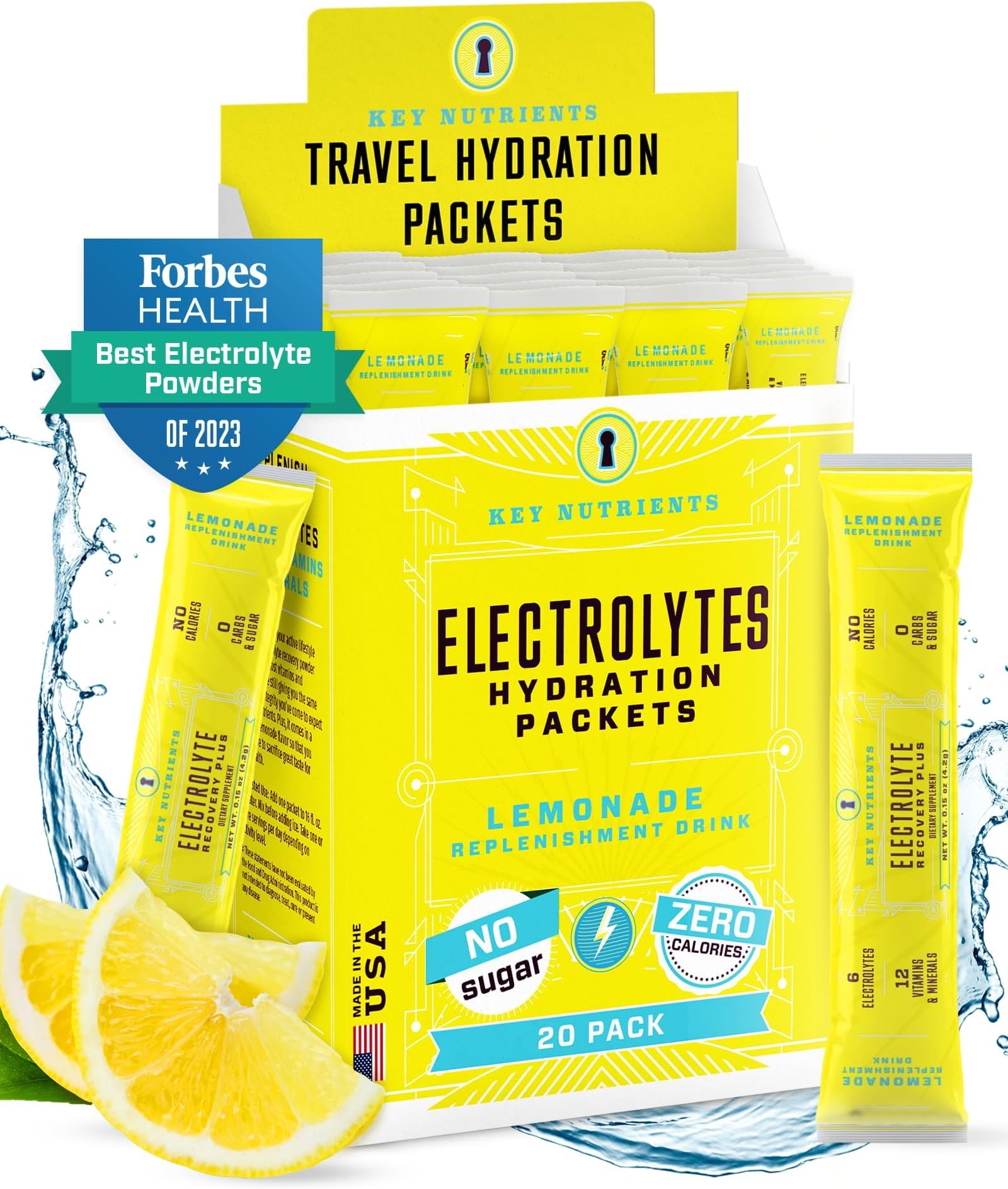 KEY NUTRIENTS Electrolytes Powder Packets - Refreshing Lemonade 20 Pack Hydration Packets - Travel Hydration Powder - No Sugar, No Calories, Gluten Free - Made in USA