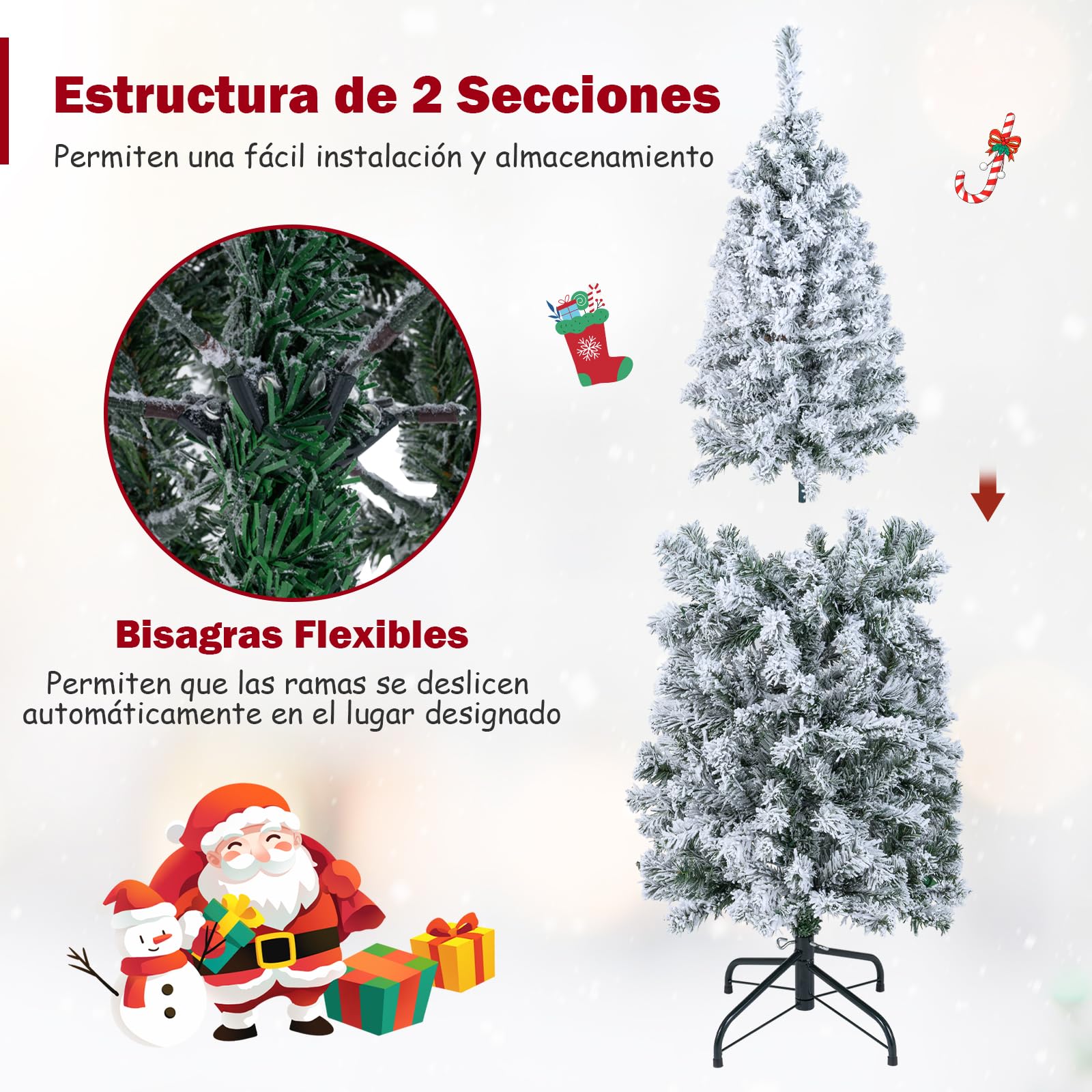 COSTWAY Arbol de Navidad Nevado con Luces 150cm, Árbol de Navidad Slim/Estrecho, 180 Luces LED, 8 Modos, Arvore de Natal Lapiz con Nieve, 329 Puntas de PVC (150cm)