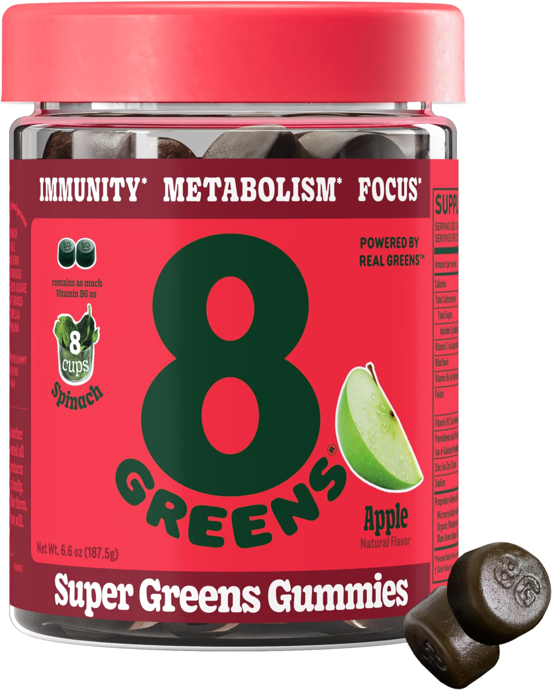 - Supergreens Gummies | Super Greens Powder Superfood Gummy for Metabolism, Immunity & Focus, Digestive Health Enzymes, Organic: Chlorella, Spirulina, Aloe Vera, Apple Flavor, 50 Count