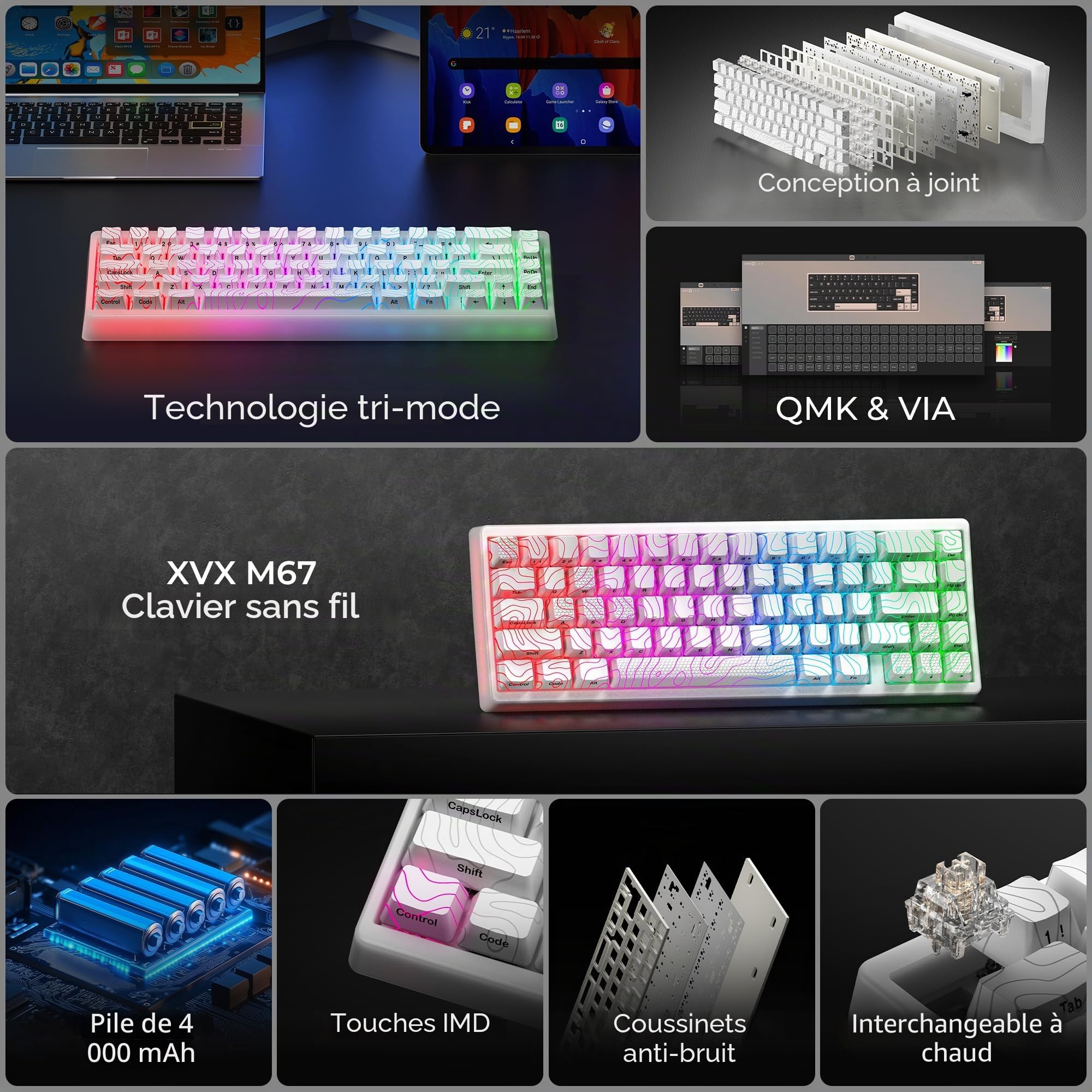 HITIME XVX M67 Clavier sans fil 60 % sans fil, clavier de jeu topographique QMK/VIA, clavier mécanique Thocky Creamy Tri-mode, joint d'étanchéité remplaçable à chaud, technologie IMD RVB pour Windows
