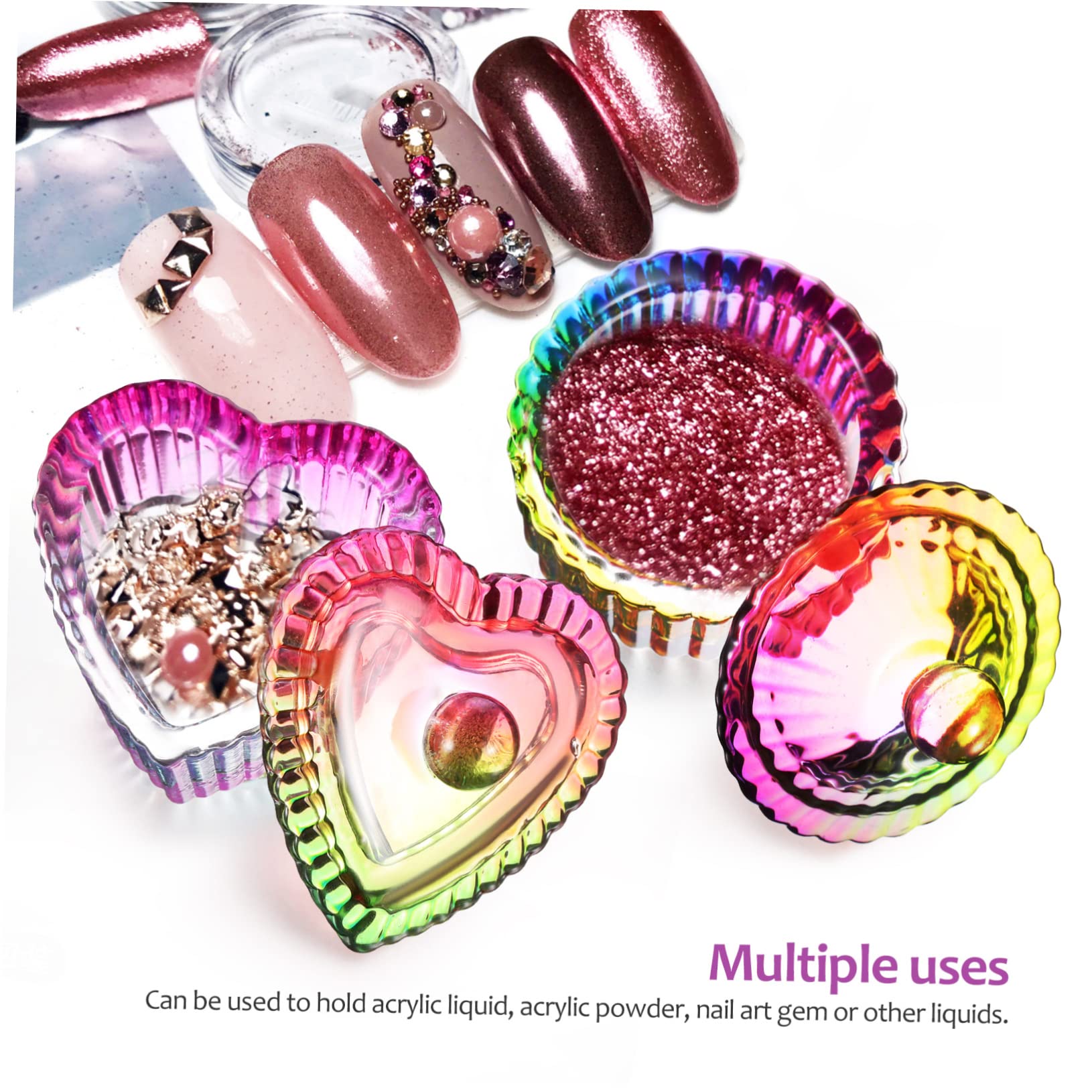 NULYLU 2pcs Colorful Glass Dappen Dish with Lids Round Heart Shaped Storage Bowls for Acrylic Nails Nail Art Supplies Stylish Design