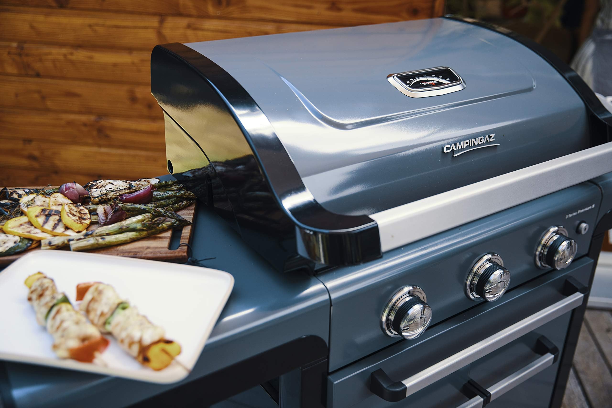 Campingaz Barbacoa de gas serie 3 Premium S, parrilla de gas con 3 quemadores de acero inoxidable de 10,2 kW, quemador lateral, tapa, termómetro, agua limpia instantánea, sistema modular culinario