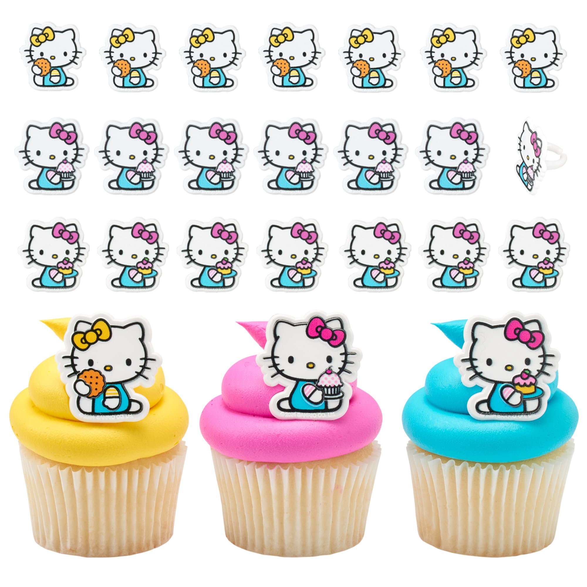 DecoPac Hello Kitty® Rings, Cupcake Decorations Featuring Hello Kitty and Mimmy, Pink And Yellow - 24 Pack