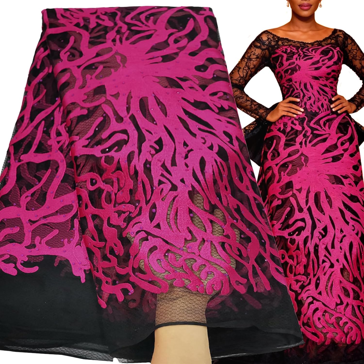 Bestway Fashion African Lace Fabric 5 Yards Water Green Floral Tulle Rhinestones Embroidery with Beads Nigerian Wedding Party Asoebi Sewing Material