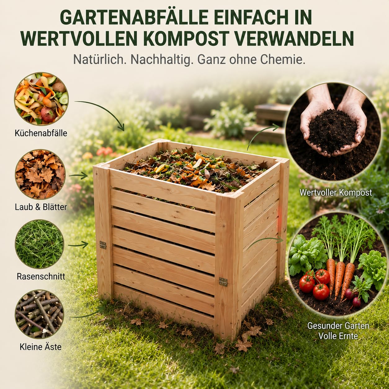 VELORA H&L Gartenkomposter 512 L - Komposter aus Naturholz mit Entnahmeklappe unten, Kompostbehälter für Garten- und Küchenabfälle