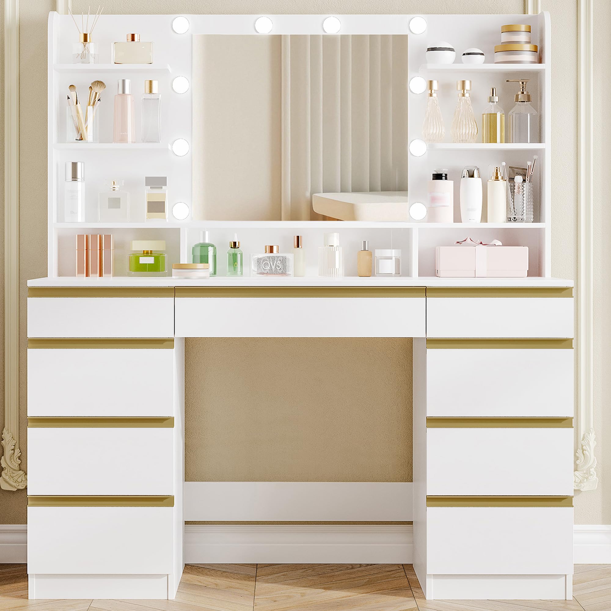 Hzuaneri Dressing Table with Bulb Light, Vanity Desk with 1 Large Drawer and 8 Small Drawer Cabinets, Adjustable Brightness, Large HD Mirror, 9 Open Storage Areas, 108 cm Desktop, White DT35703X