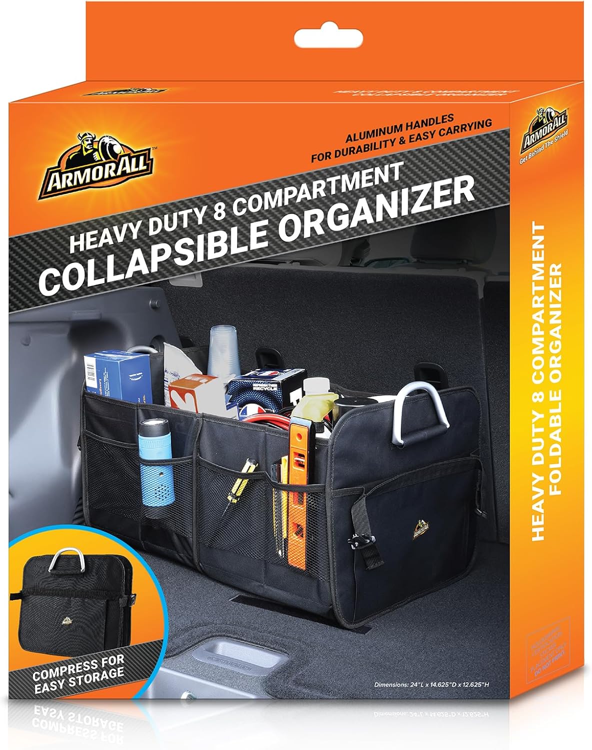 Armor All Car Trunk Organizer, Collapsible Multi-Compartment Car Organizers with Strong Aluminum Handles Foldable and Waterproof, Suitable for Any Car, SUV, Mini-Van, Black
