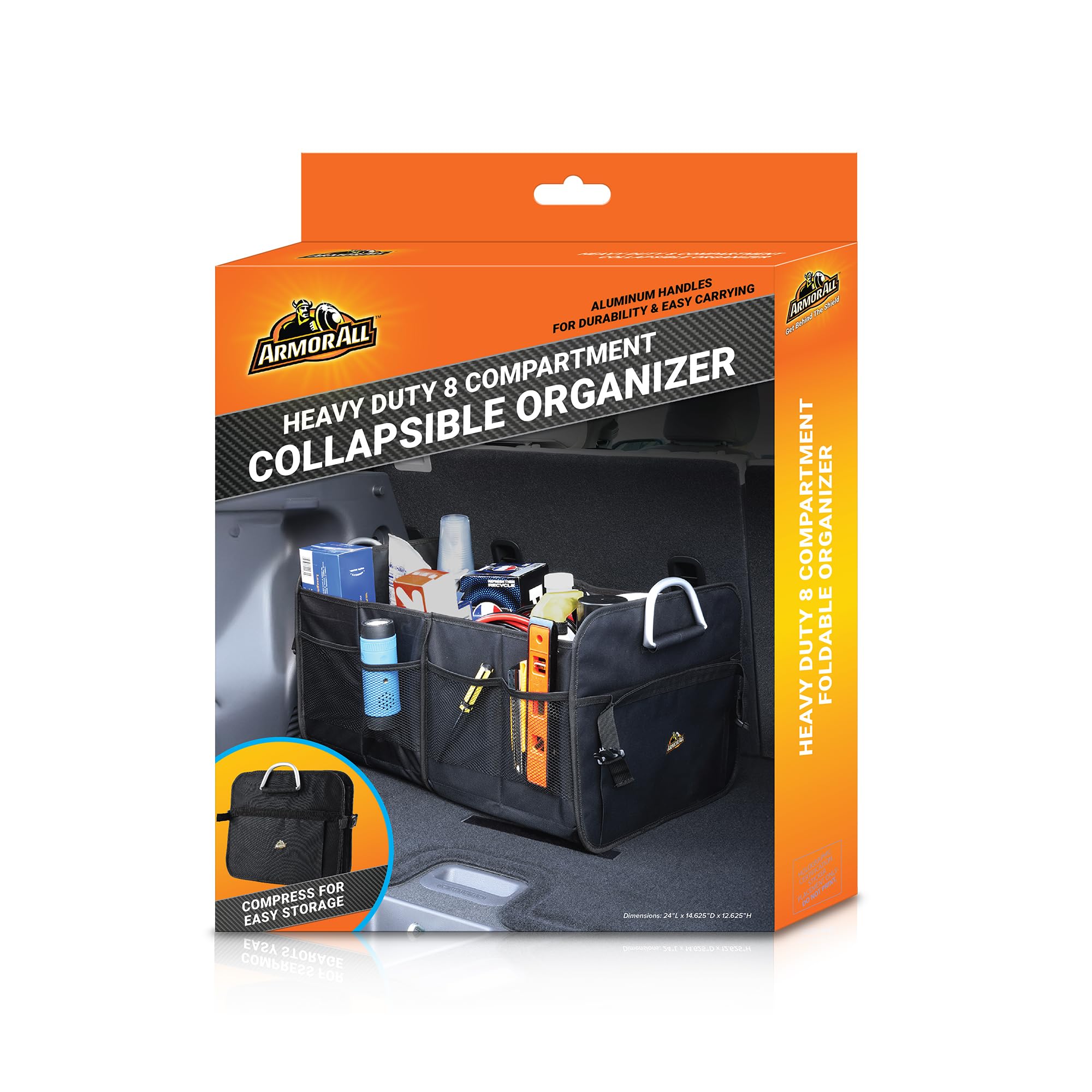 Armor All Kofferraum-Organizer für SUV und Auto, XL, robust, 8 Fächer, zusammenklappbar, wasserdicht, 2 Fächer und 6 Taschen, 61 x 37,1 x 32 cm, Aluminium-Griffe, Kompressionsschnallen