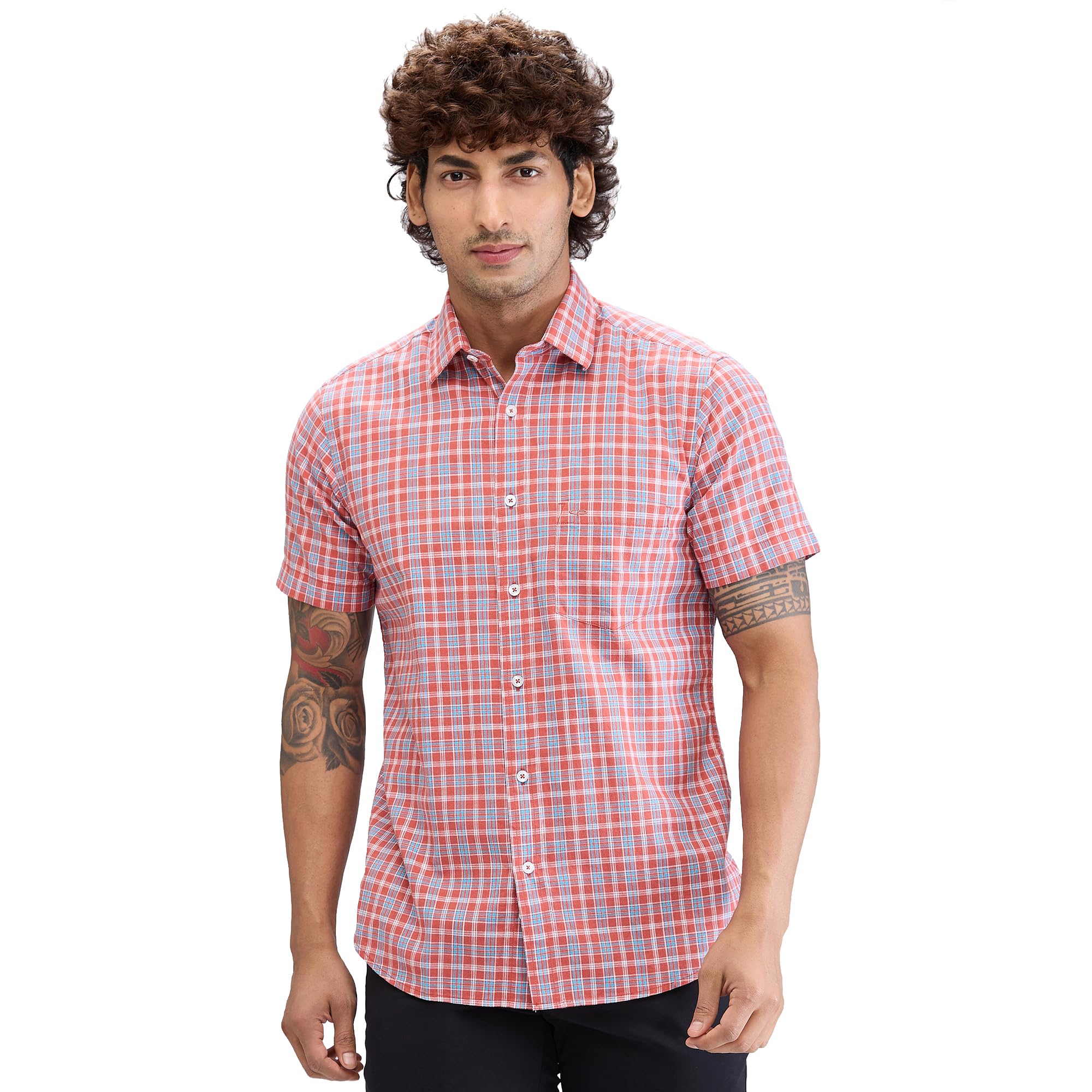colorplus Men's Regular Fit Checks Pattern Pure Cotton Plain Collar Half Sleeve Casual Shirt-picture-36
