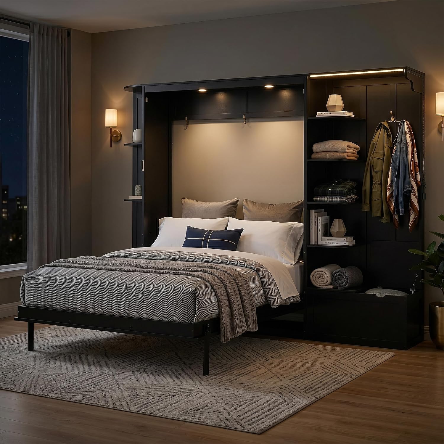 Queen Murphy bed open in a room with LED lights on