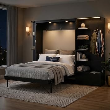 Queen Size Murphy Bed with Side Storage Cabinets, Shelves, Hook and Lights, Solid Wood Cabinet Bed Frame with Hidden Fold-Out Legs, Space-Saving Can be Folded Design (Black-4.16)