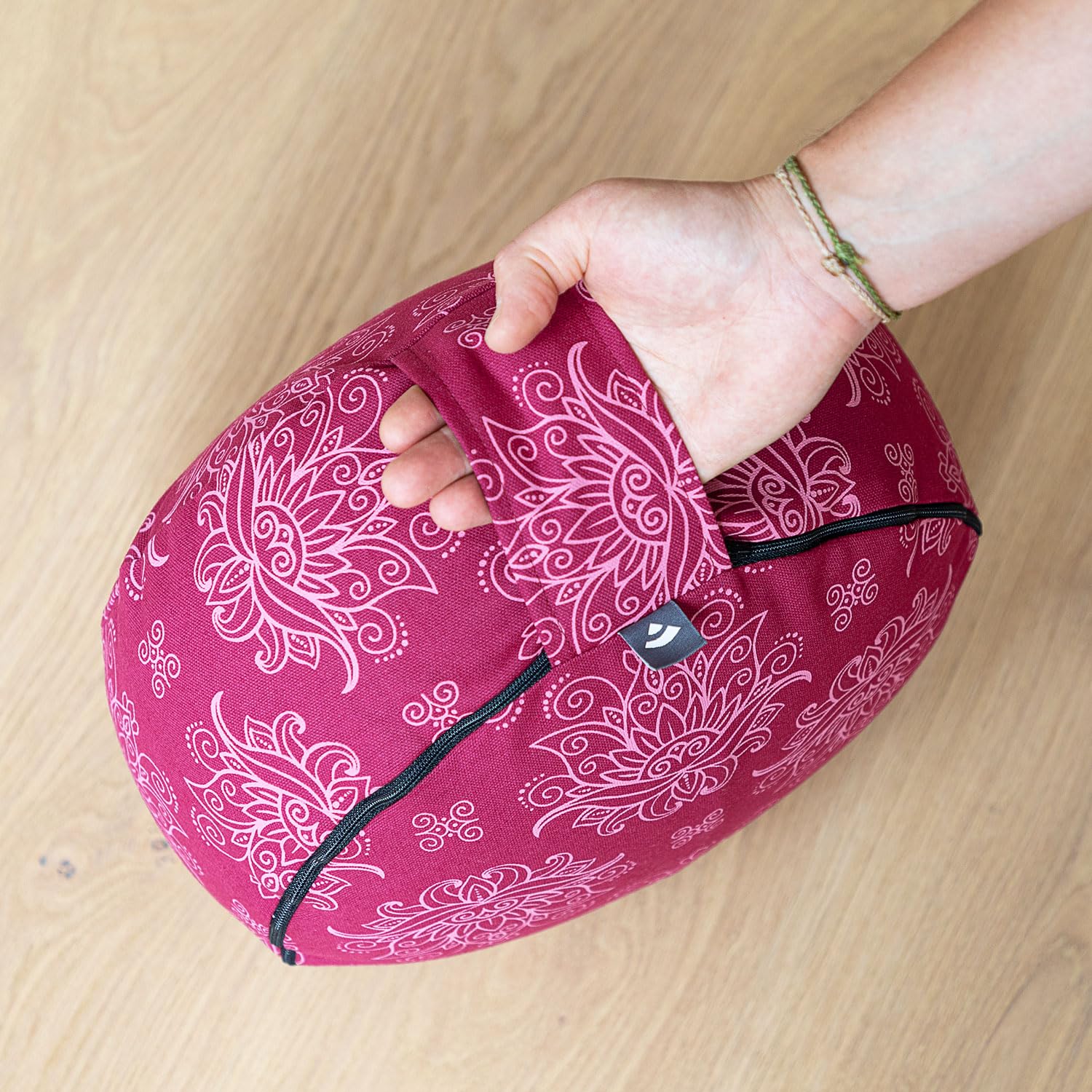 Bodhi Cojín de meditación Rondo, funda extraíble de algodón 100%, relleno de espelta orgánica, altura 14-20 cm, práctica correa de transporte, colección Maharaja