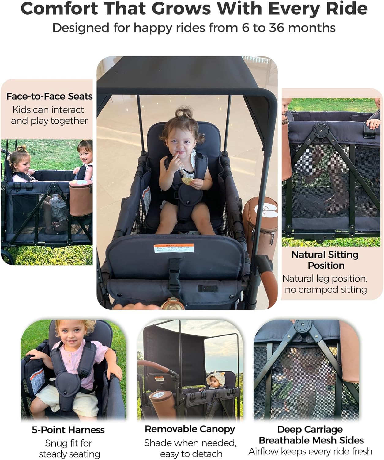 Wagon Stroller for 2 Kids with Insulated Snack Pack Foldable All-Terrain Wagon Stroller, 5-Point Harness & Canopy Parent Organizer Adjustable Handle (Grey)