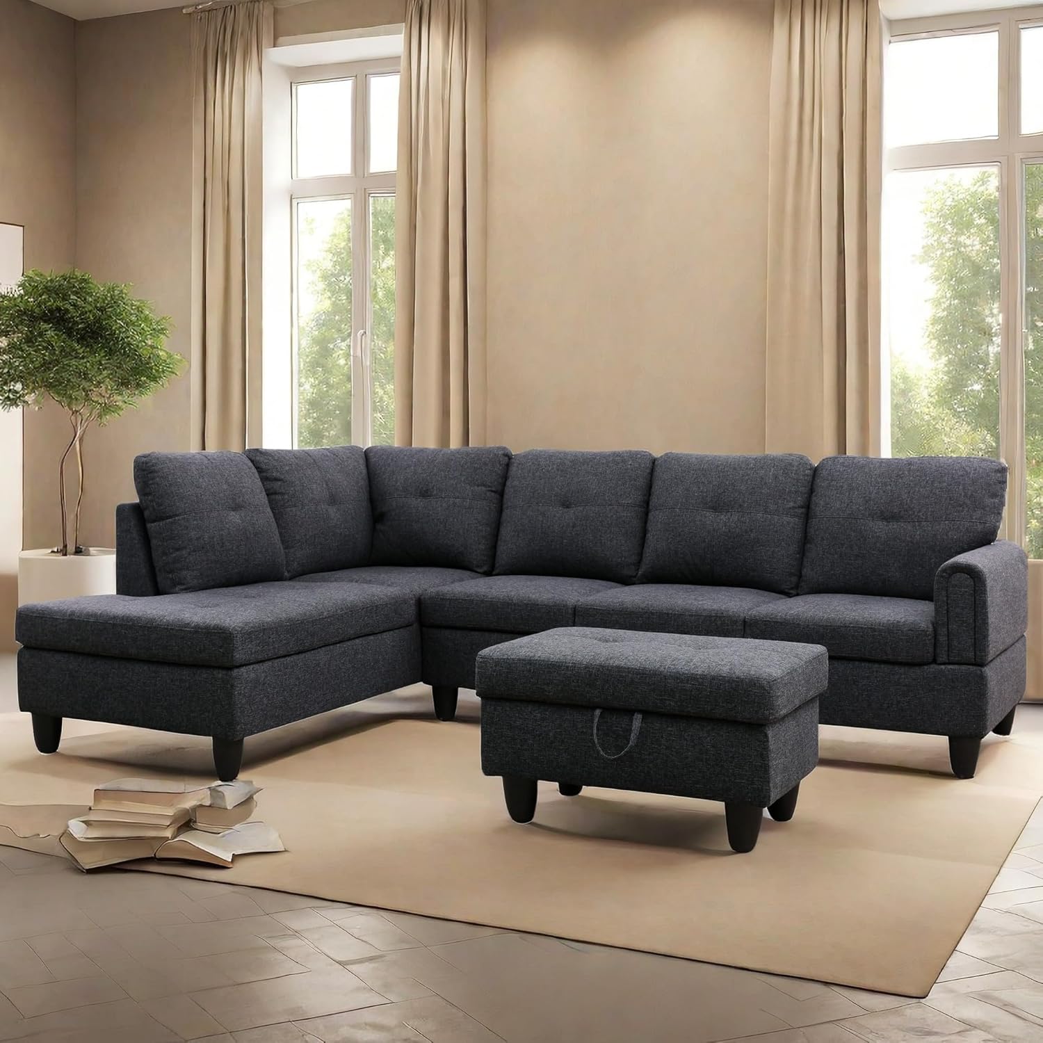 **AS IS** ((INCOMPLETE)) L Shaped Sectional Sofa with Ottoman, Modern Couches for Living Room, Microfiber Facing, Bedroom, Office Dark-gray L Shaped Couch