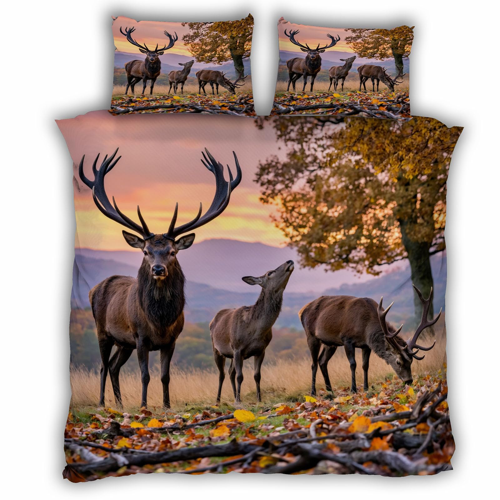 Housse de couette 240x260 cerfs wapiti lit 2 personnes microfibre avec taies