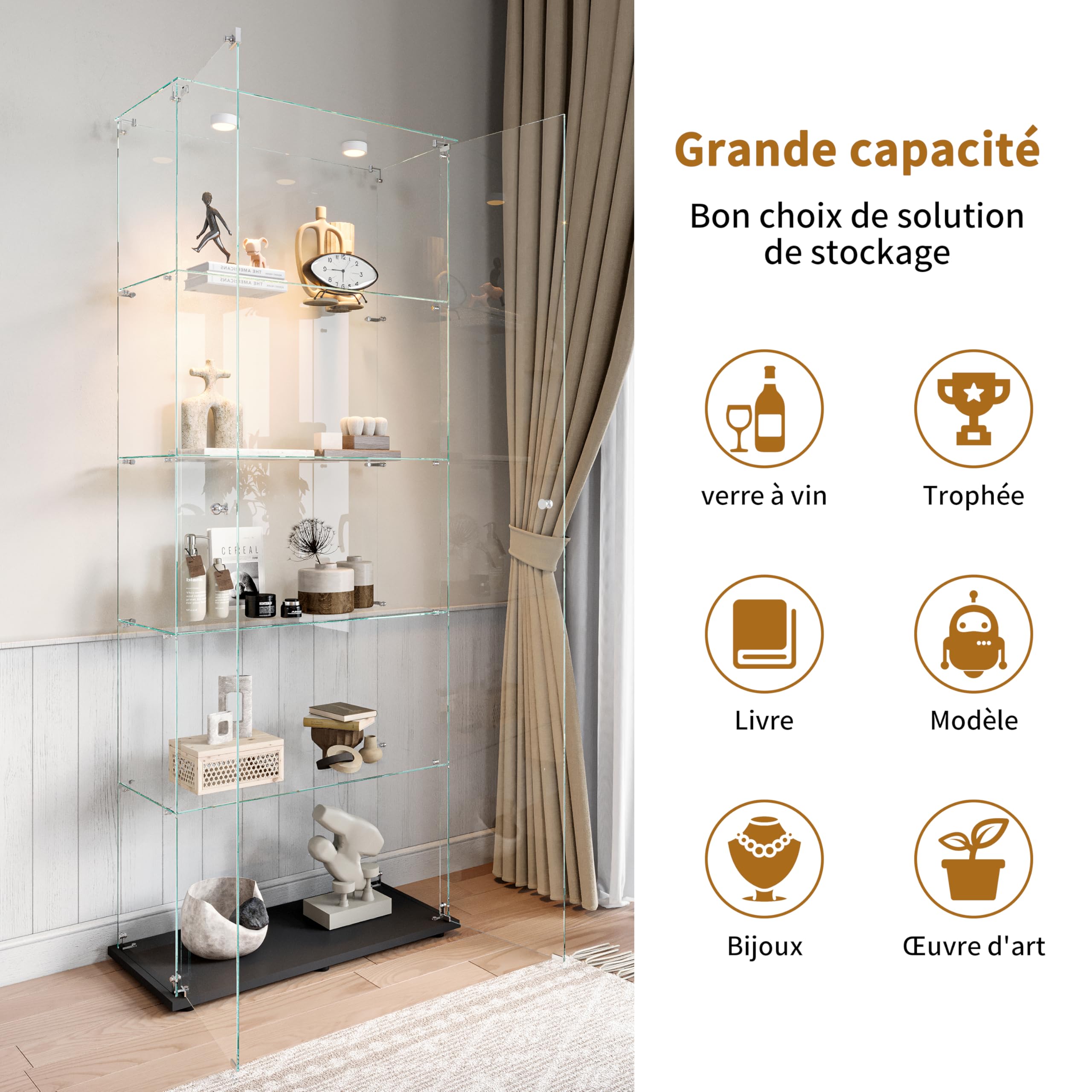 Vitrina de cristal con 2 puertas 5 estantería, mueble vitrina de cristal LED con cerradura, armario de cristal, vitrina de cristal con portavitrinas a pie para colecciónescaparate columna