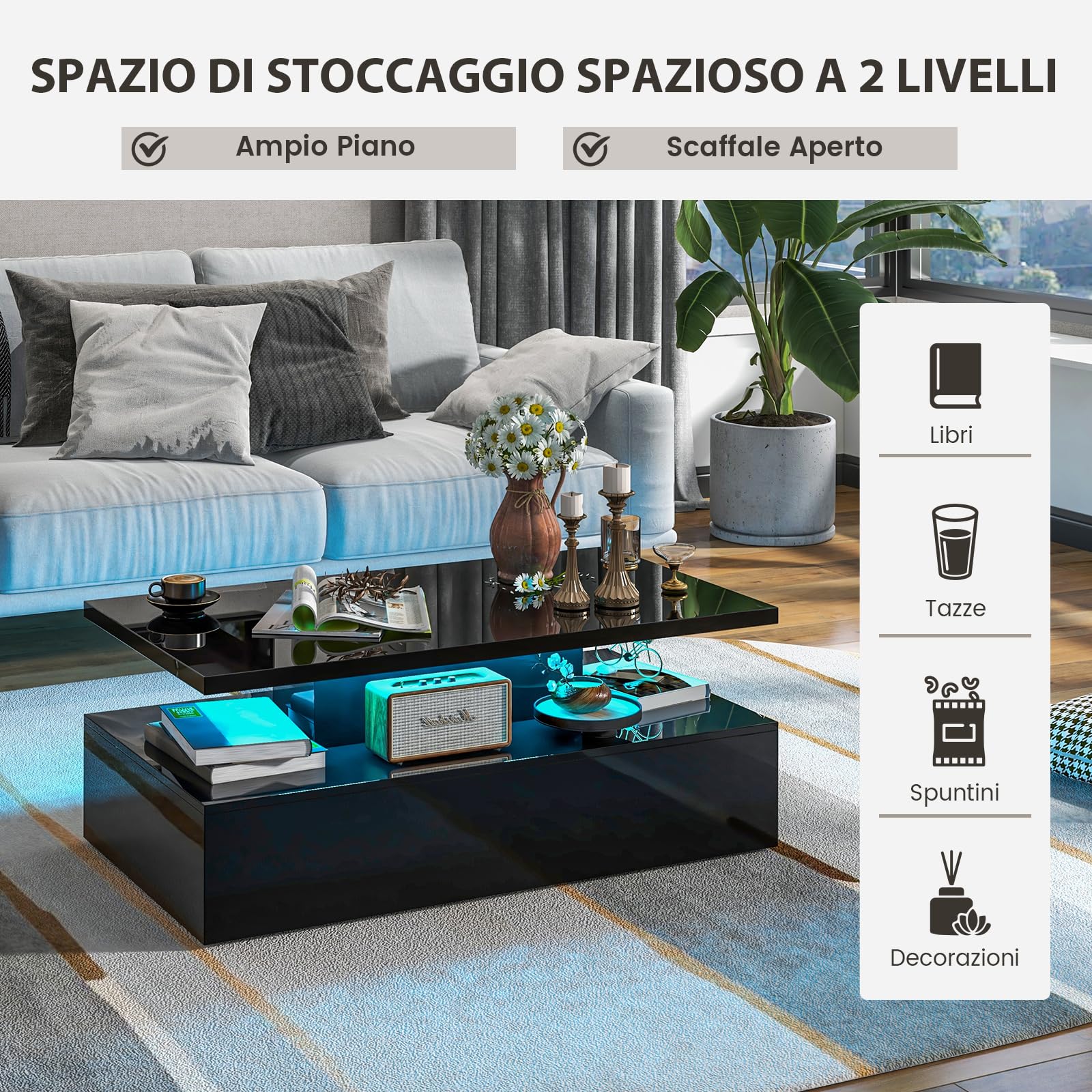 COSTWAY Tavolino da Caffè a LED a 2 Livelli con Colori della Luce Regolabili Velocità e Luminosità e Telecomando, Tavolo da Salotto Rettangolare e Moderno per Soggiorno e Ufficio (Nero)