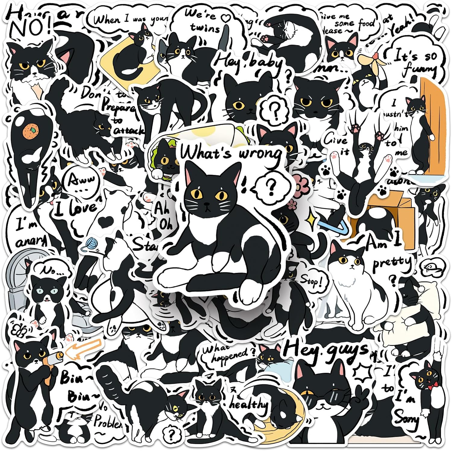 50Pcs Tuxedo Cat Stickers, Waterproof Vinyl Black and White Cat Decals, Funny Cartoon Cat Stickers for Water Bottle, Laptop, Journal, Planner, Scrapbook, Luggage for Adults Teens(Tuxedo Cat)