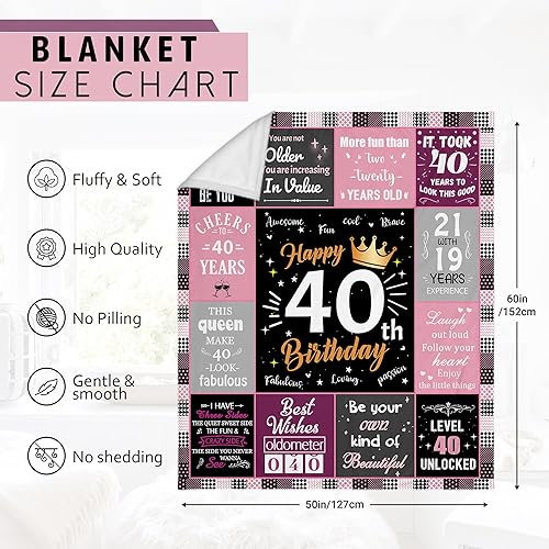 Miniatura 7 de Regalos de cumpleaños número 40 para mujeres, manta de forro polar única de feliz cumpleaños de 50 x 60 pulgadas, regalos divertidos de decoraciones