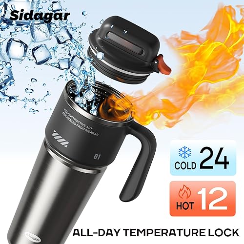 Miniatura 5 de Vaso de 32 onzas con asa y popote, botella de agua aislada de acero inoxidable con tapa, tapa de botón, vaso deportivo, cabe en el soporte para