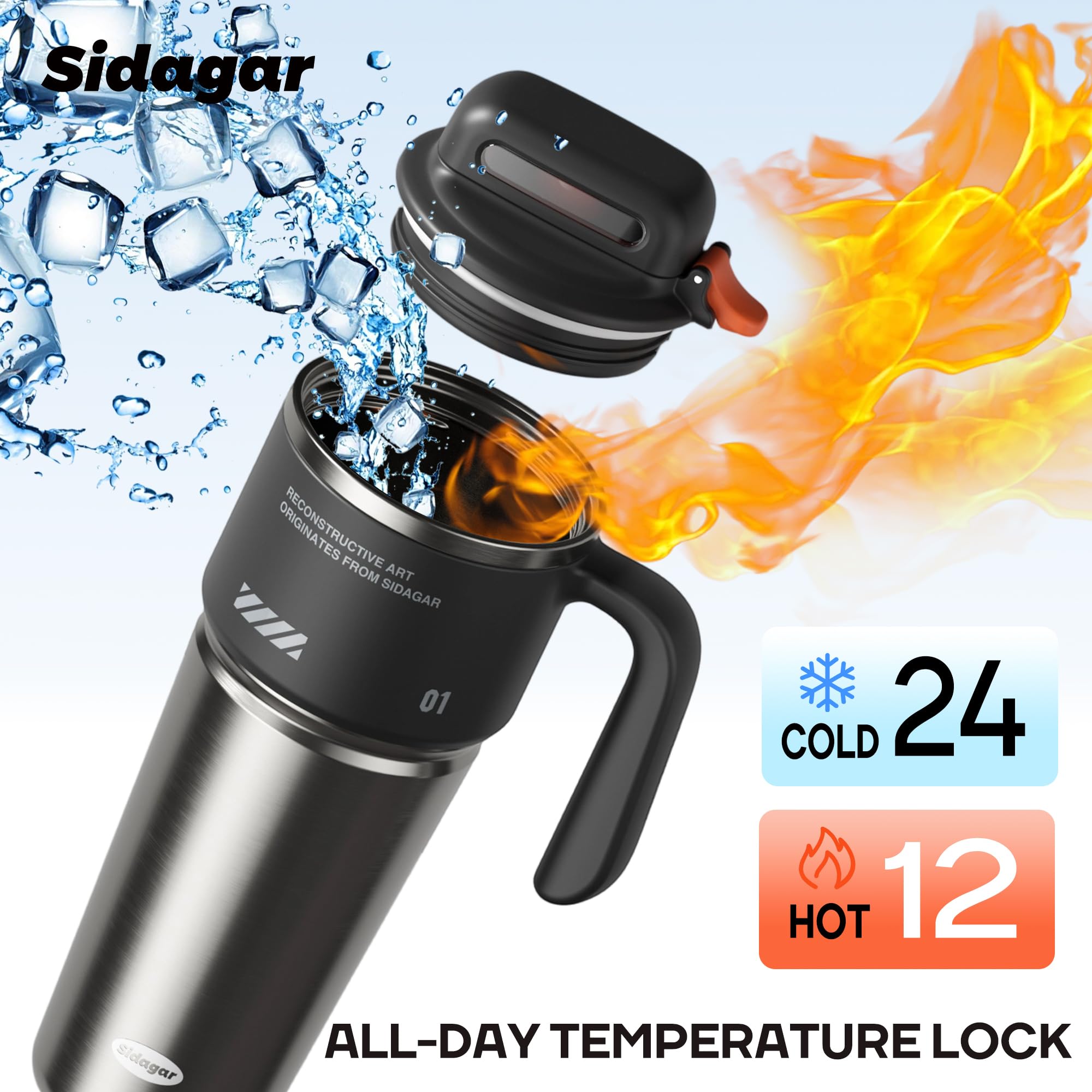 Gourde Isotherme 1L avec Poignée, Mug de Voyage Inox, Bouteille d’Eau avec Ouverture à Bouton, Anti Fuite, Thermos Compatible Porte-Gobelet, Noir