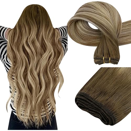 Easyouth 24Inch Weft Hair Extensions Real Human Hair Balayage Human Hair Weft Extensions Dark Brown to Light Brown Ombre with Blonde Non Damaging Sew in Real Hair Extensions Add Length and Volume 100G