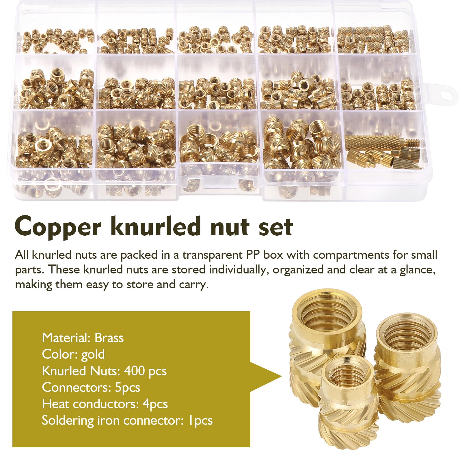 Gueenky 405PCS Threaded Inserts 3D Printer, 2# 4# 6# 8# 10# 1/4-20 Threaded Knurled Inserts Threaded Brass Inserts Heat for 3D Printer Plastic Parts - Image 4