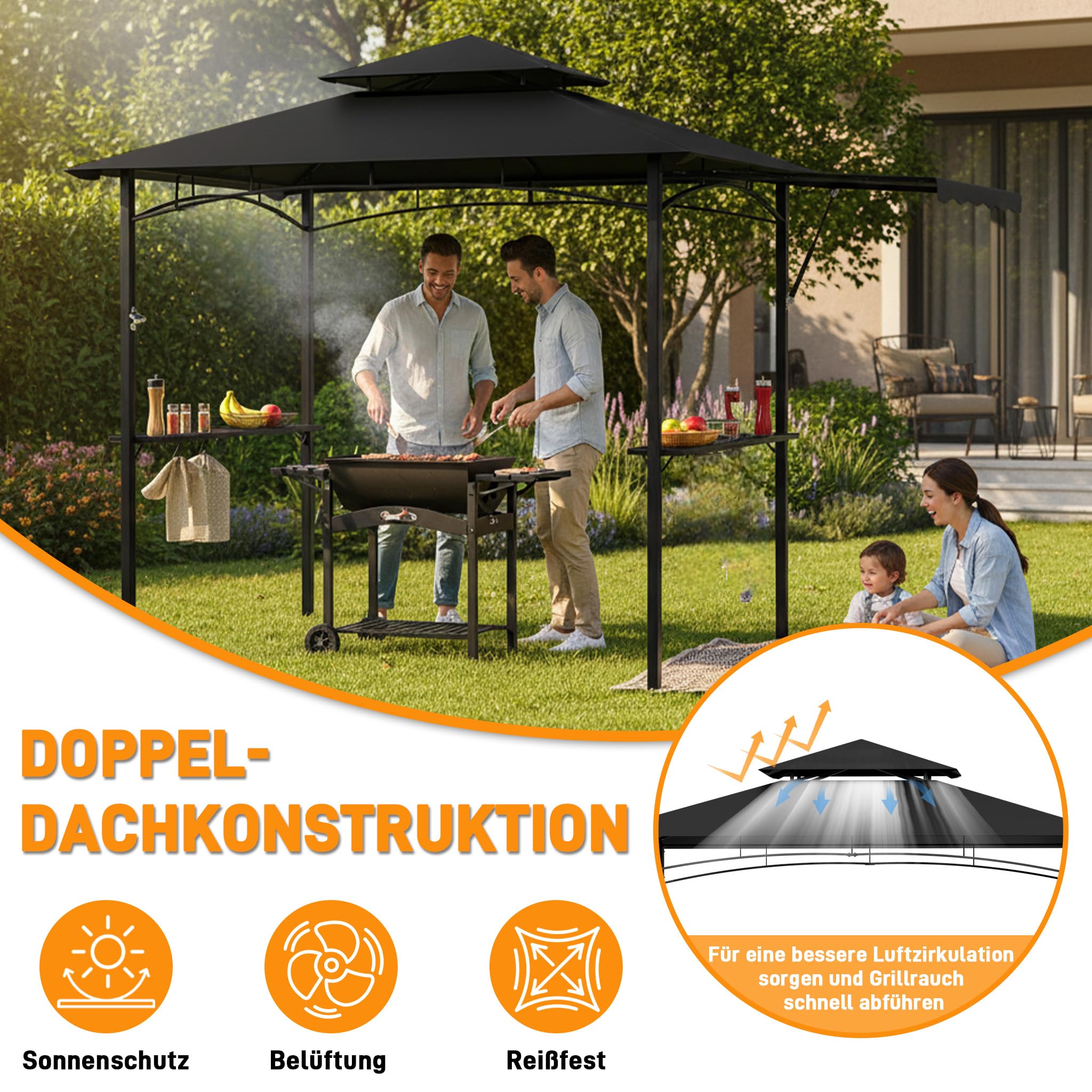 Tonnelle pour barbecue noire avec double toit et store latéral escamotable, 245x141 cm - Tonnelle pour barbecue avec cadre en métal et étagères pratiques, abris de jardin résistants aux