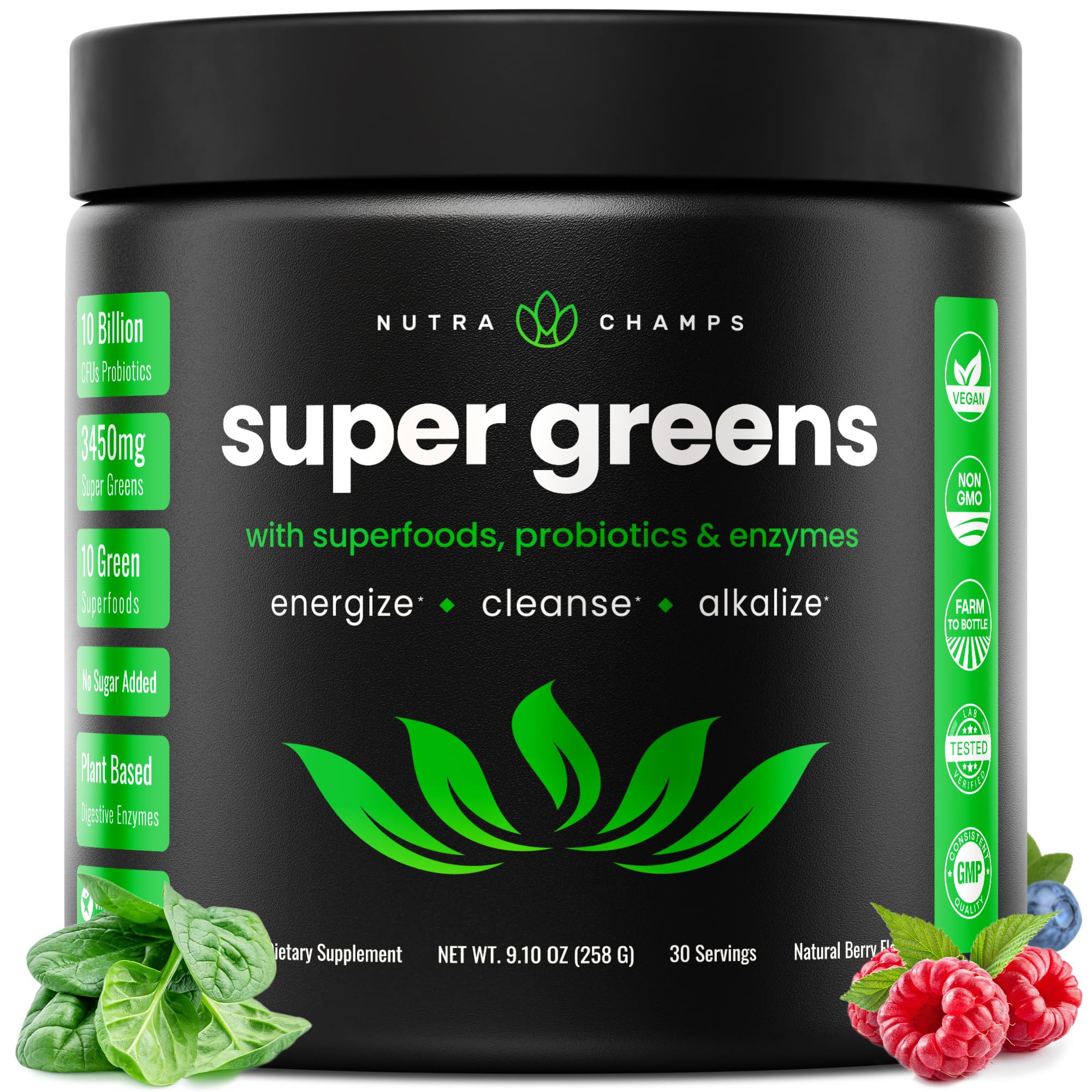 Super Greens Powder, 40+ Organic Superfoods, Probiotics & Enzymes for Energy, Digestion, Gut Health & Bloating | Organic Fruit & Veggie Drink Mix with Prebiotic Fiber, Daily Green Juice Smoothie Blend