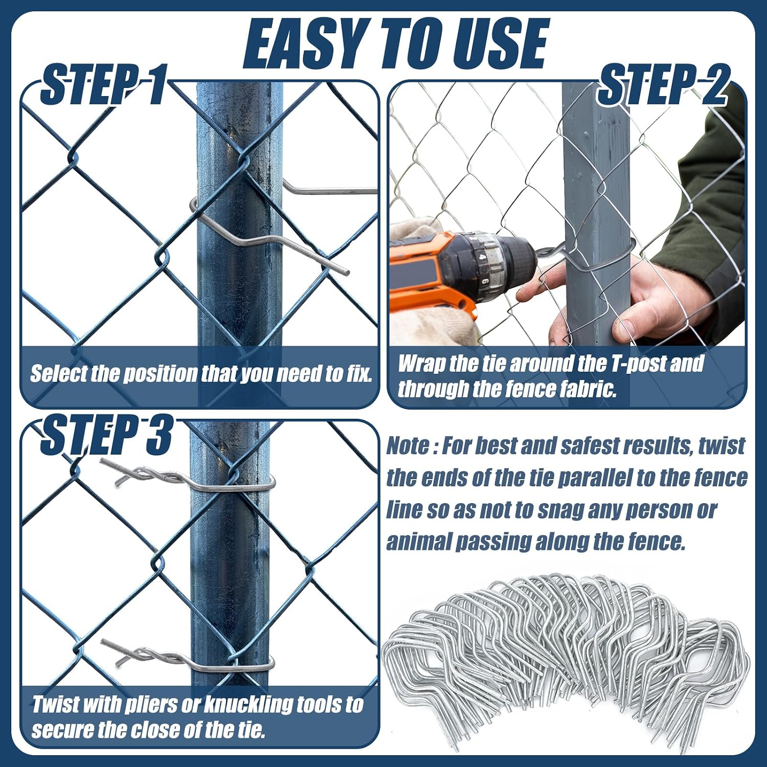 Hicarer 400 Pcs T Post Clips Metal Wire Fence Clips Twist Tie Preformed Fencing Clip Galvanized Steel 11 Gauge Fence Ties for Fast Installation Securing Barbed Garden Highway Farm Sport Fences