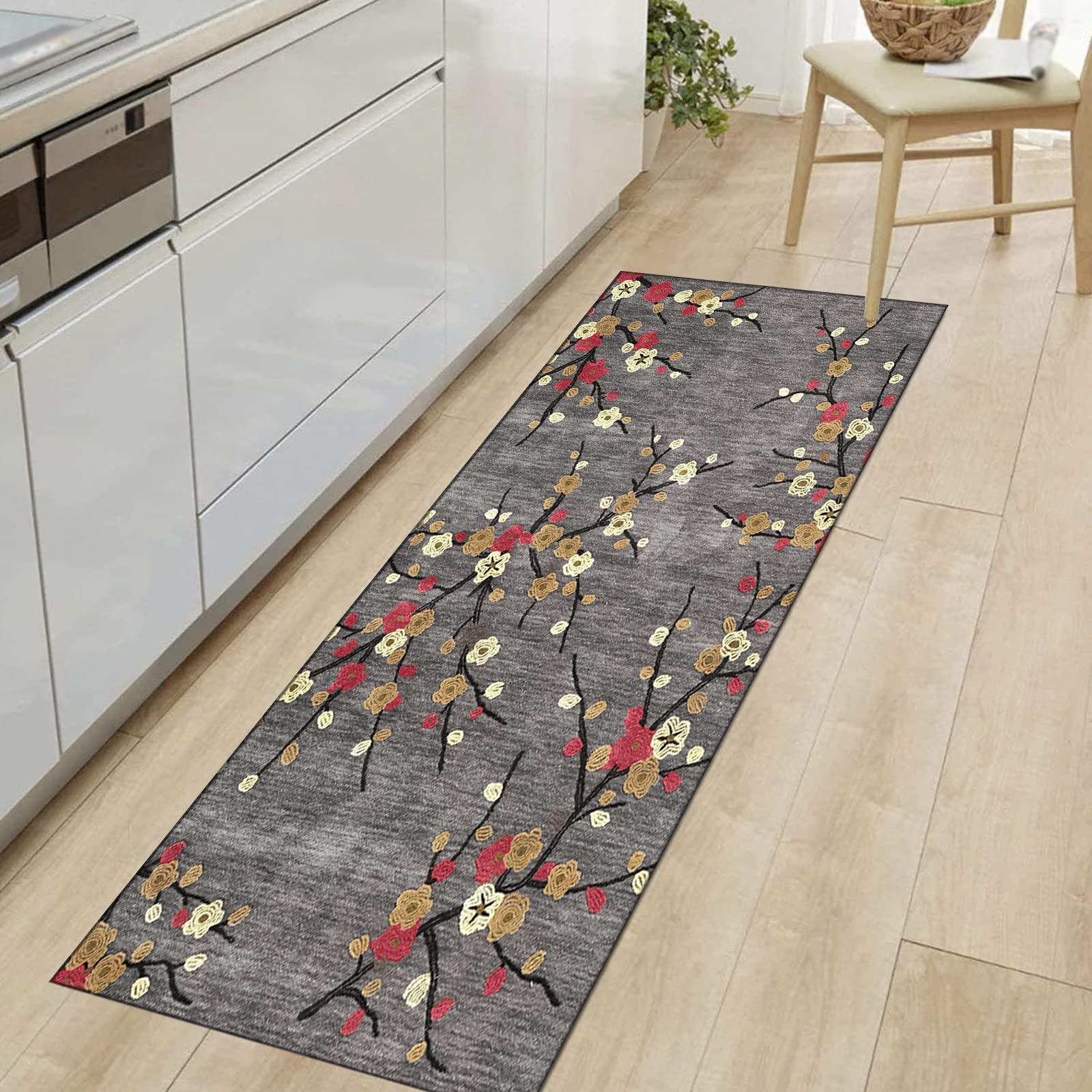 Tapis de couloir, antidérapant, lavable, pour cuisine et salon, moderne, motif floral vintage