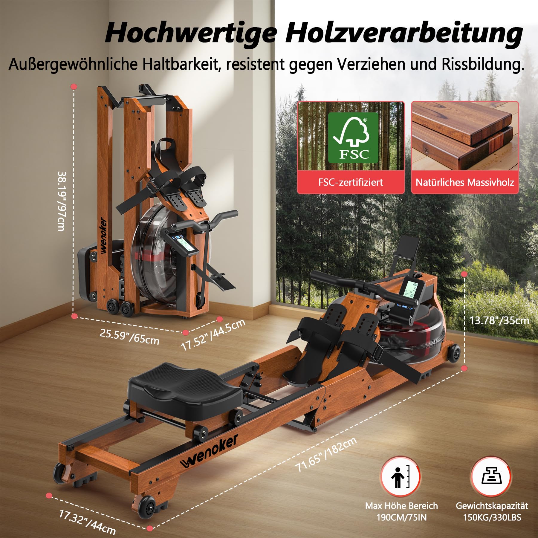 Wenoker Wasser Rudergerät für Zuhause aus FSC-Massiv-Eiche -180° Klappbares | Bluetooth & Kinomap App Anbindung, 6 Widerstandsstufen, Dual Slide Rail, 98% Vormontiert, 150kg Belastbarkeit