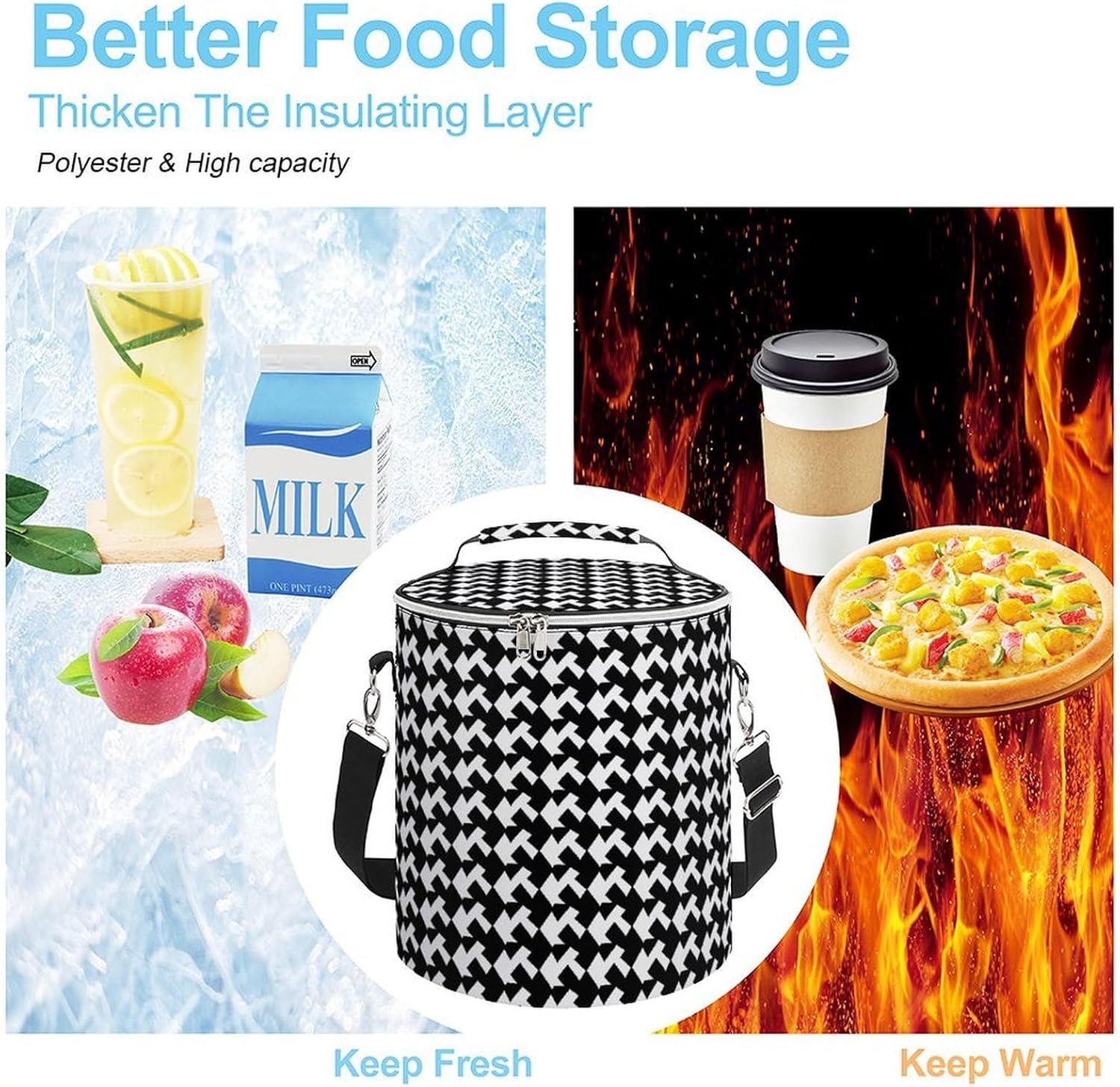 Houndstooth Black Lunch Bag 15L, Insulated Picnic Basket with Leakproof Design - Large Cooler Tote for Camping, Beach, Hiking & Groceries