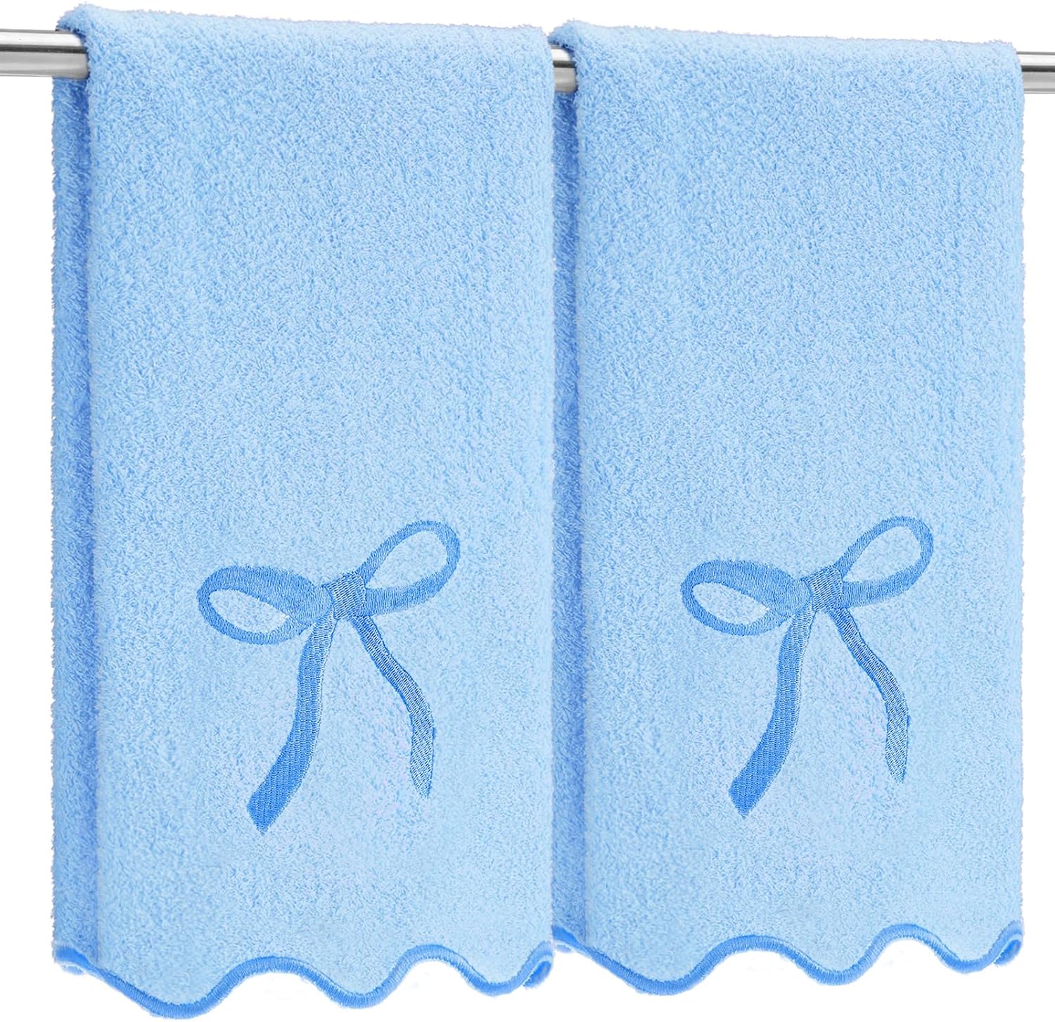 2 Pcs Blue Scalloped Hand Towels for Bathroom 26 x 13 Embroidery Coquette Bow Hand Towels 100% Cotton Soft Absorbent Boho Bath Decor for Kitchen Bathroom