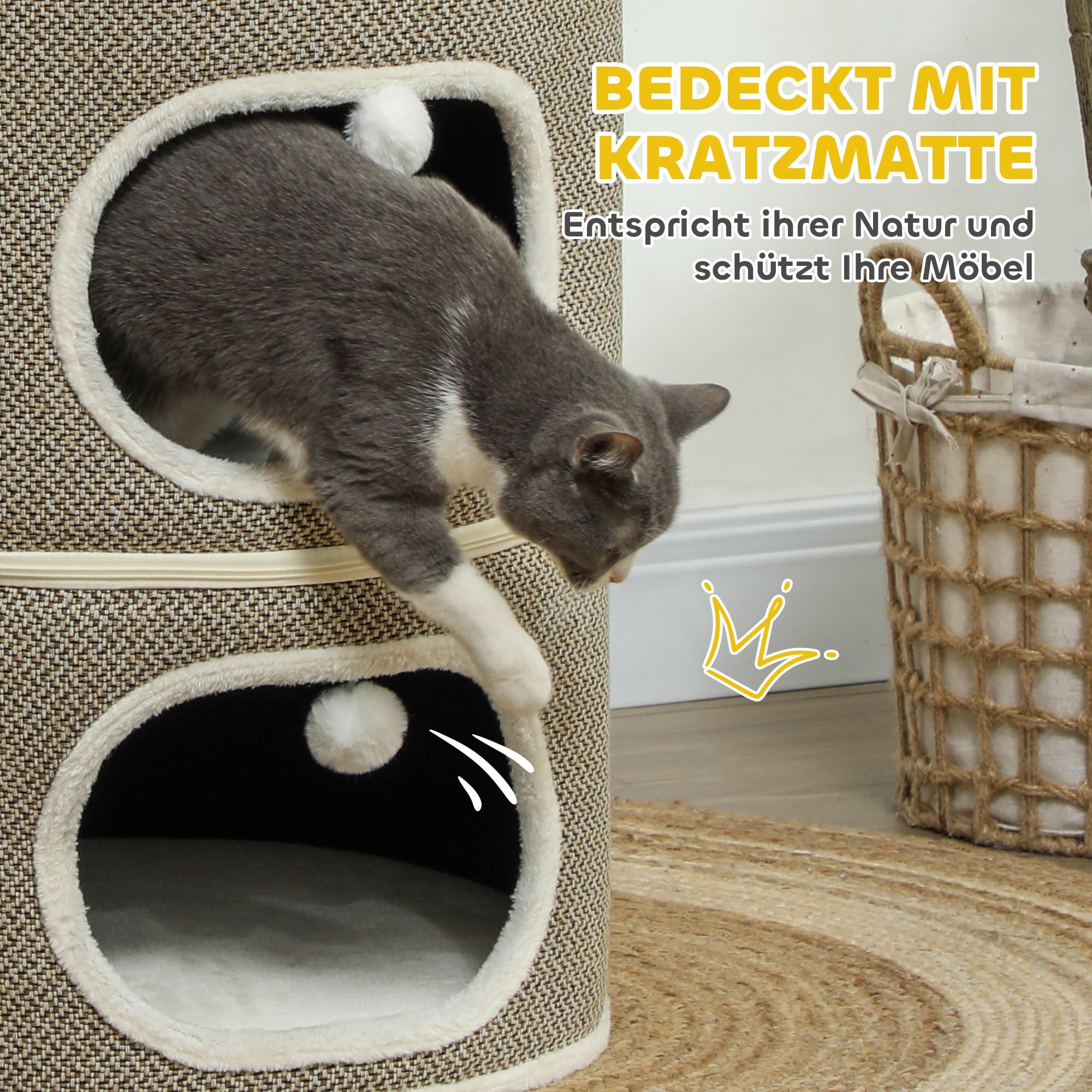 PawHut Kratztonne, Kratzbaum mit Spielbällen, 69 cm hoch Katzenturm mit 2 Höhle, Katzentonne aus Sisal, für Katze bis 6 kg, Kaffeebraun+Cremeweiß