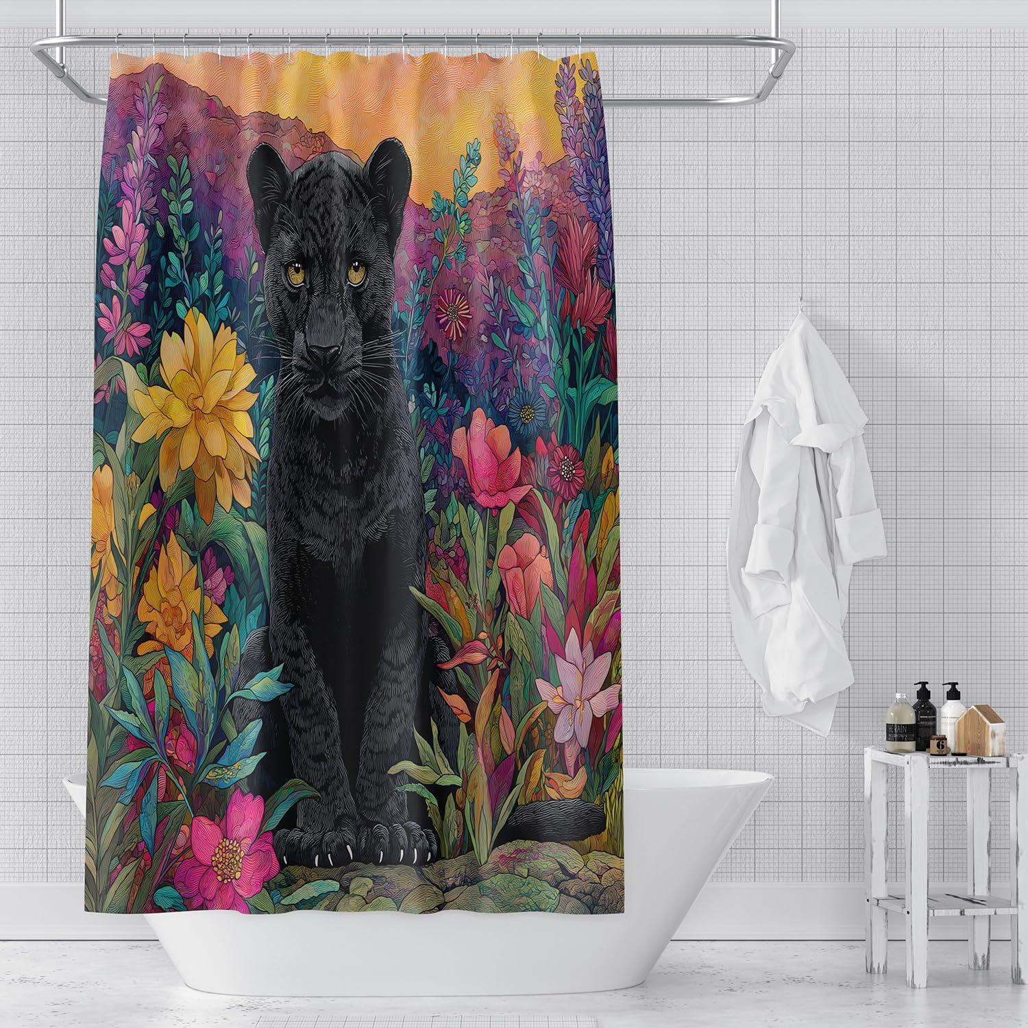 Schwarzer Leoparden-Duschvorhang 200x200 – Gelbe und Rosa Blumen, Wildtier Geparden Print, Badewannenvorhang Set für Badezimmer, Nasszelle, Wasserdichter Stoff mit Haken, B200 x H200 cm (1Er Pack)
