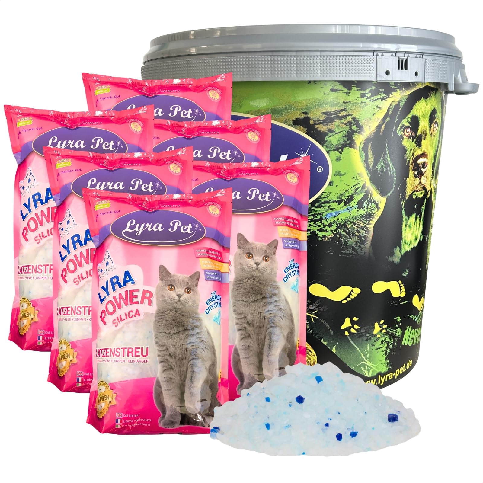 Lyra Pet® 6 x 5 L = 30 L Lyra Power Silica Silikat Katzenstreu + 30 L Tonne