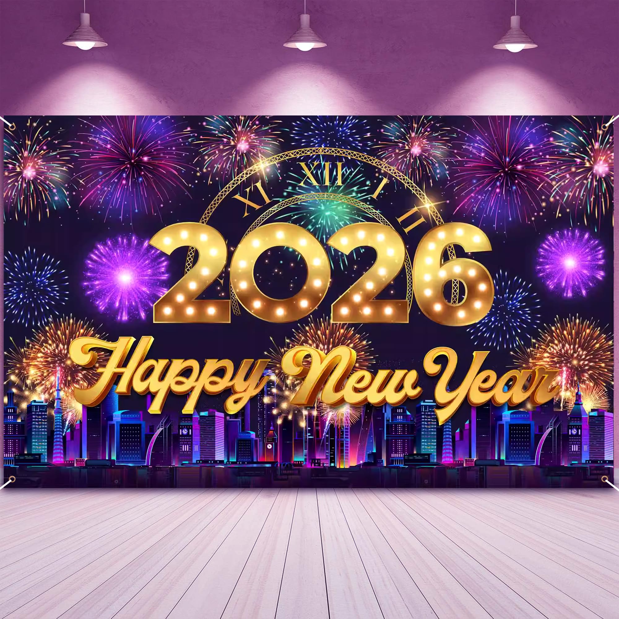 Happy New Year Banner 2026 New Years Eve Party Decorations New Year Photo Backdrop Props Purple Gold 2026 Banner Photo Booth Sign Background Supplies 180 * 110cm