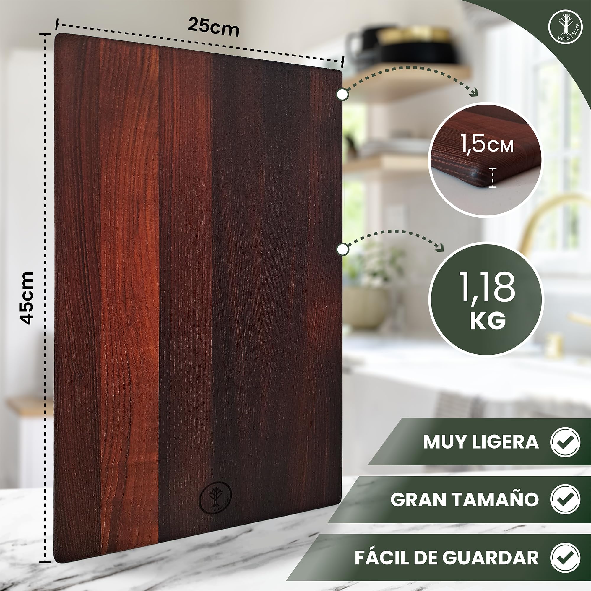 Tabla Madera Cocina 45x25x1,5 | Fresno Termotratado Premium Reversible e Higiénica | Tabla Profesional para Carne, Pan o Quesos | Tabla de Cortar Grande, Ligera y Resistente a la Humedad | WoodStare