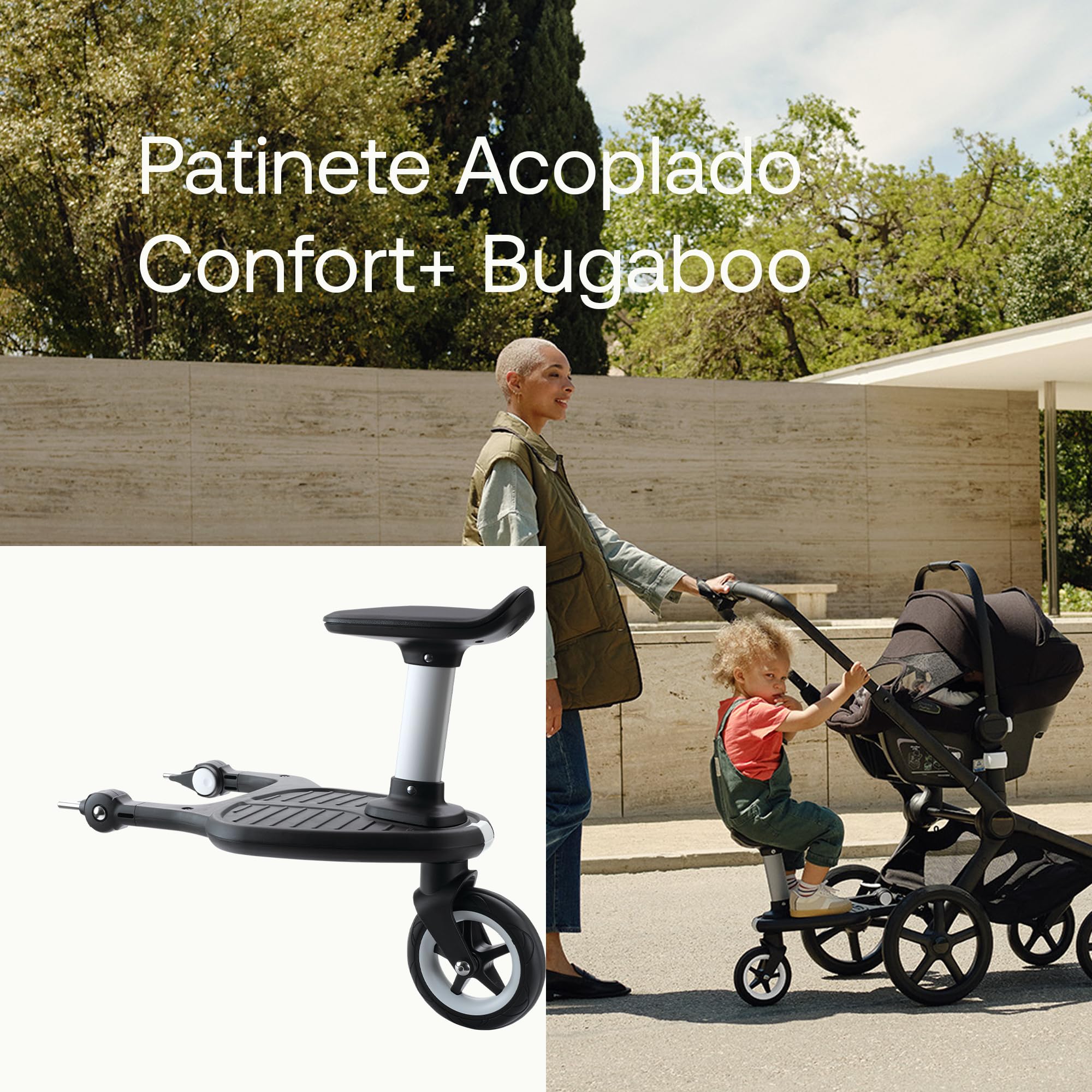 Patinete Acoplado + Bugaboo Comfort, compatible con cualquier carrito Bugaboo, se requieren adaptadores para carritos Cameleon/Donkey/Bee/Buffalo, Buggyboard con opción de Pararse y Sentarse, Negro