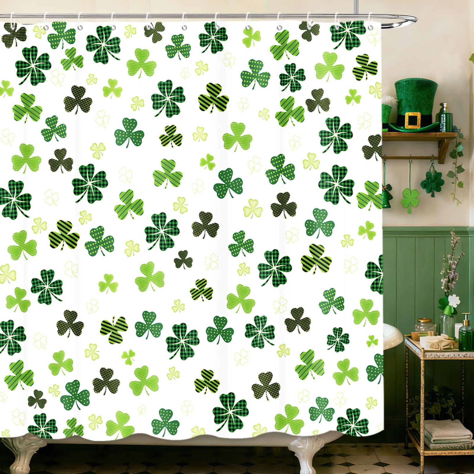 MEHOFOND St. Patrick's Day Shower Curtain Shamrock Bathroom Curtain Irish Lucky Clover White and Green Buffalo Check Plaid Bathroom Decor Washable Durable Fabric 72x72 in