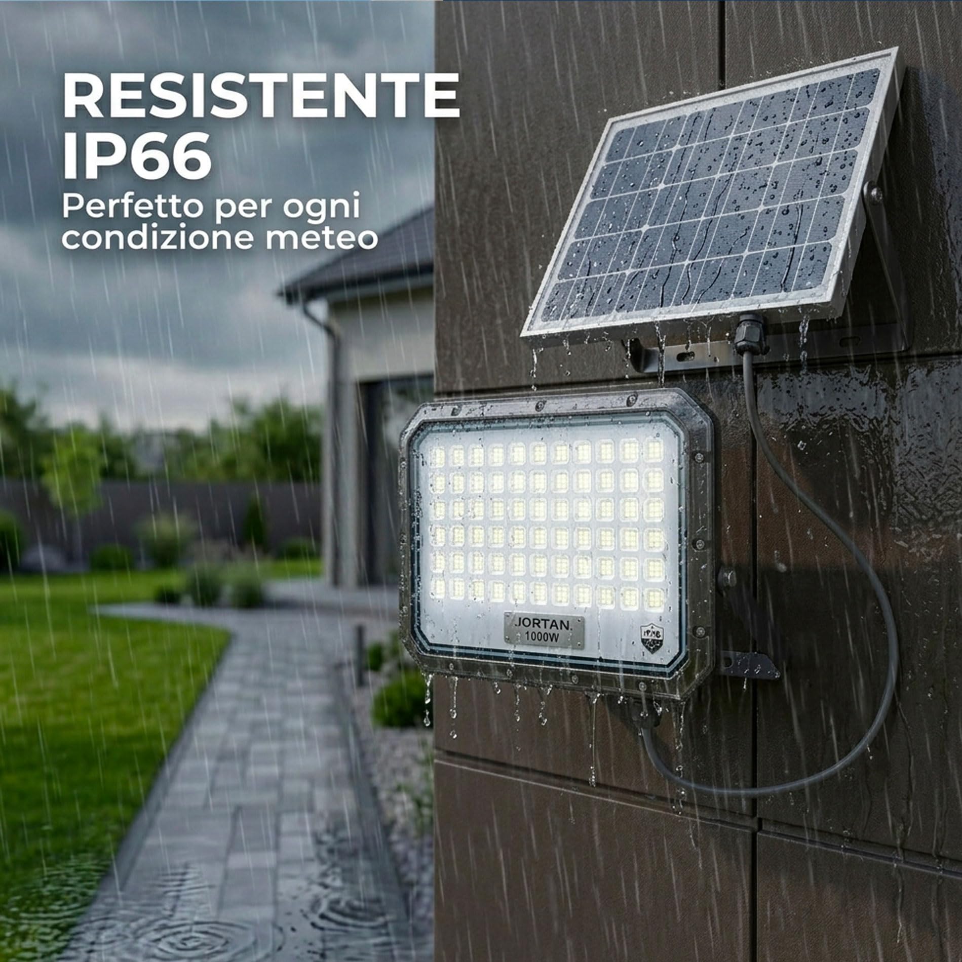 081 Store - Faro Solare LED 1000W da Esterno con Pannello Solare Separato, Faretto LED IP66 Impermeabile con Telecomando, Sensore Crepuscolare Automatico, Luce Solare Giardino Cortile Garage Parcheggi