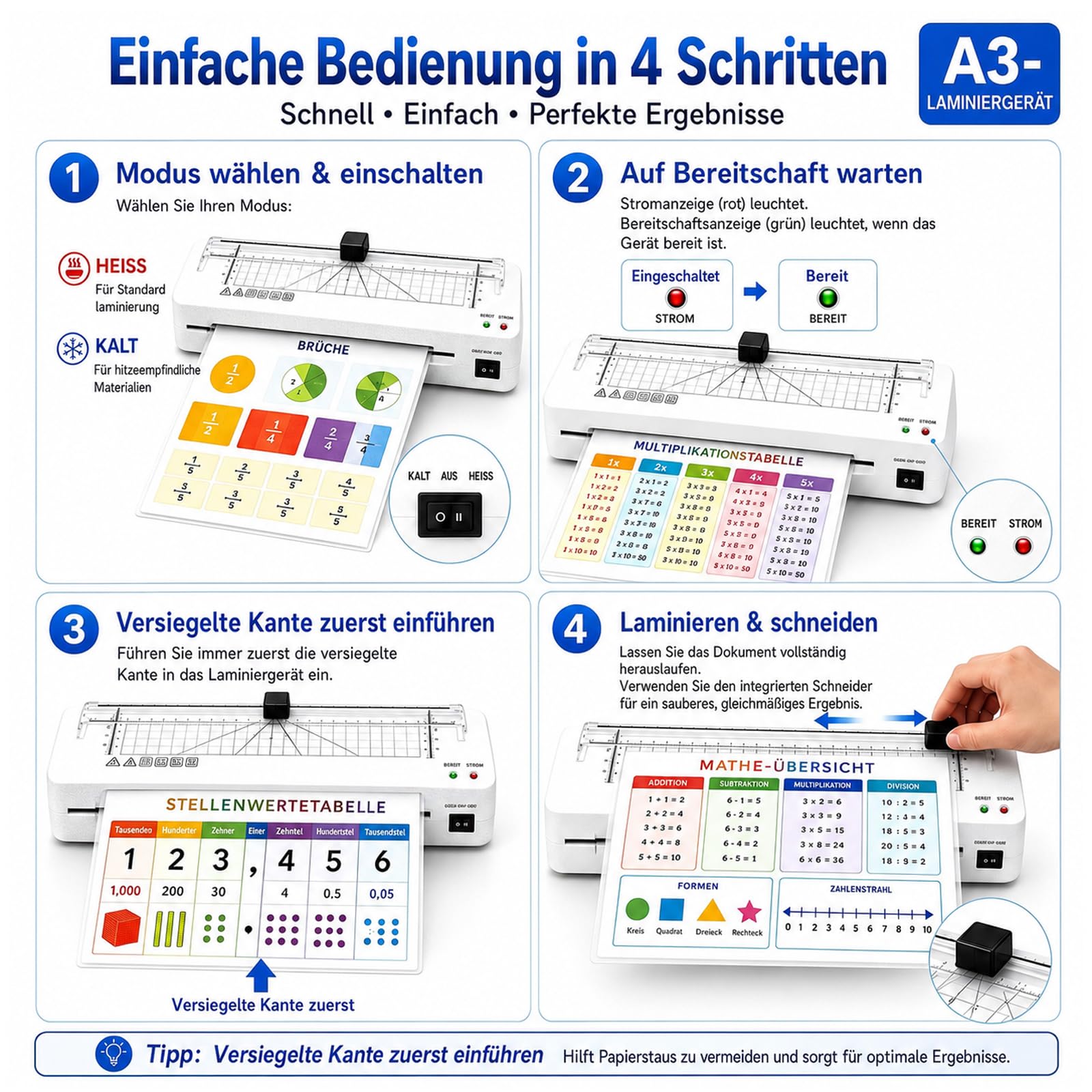 Laminiergerät, Laminiergerät A3 Laminiermaschinen mit Eingebauter Papierschneider und Laminierfolien A3 A4 A5 A6 für den Heimgebrauch Büro Schule Fotos