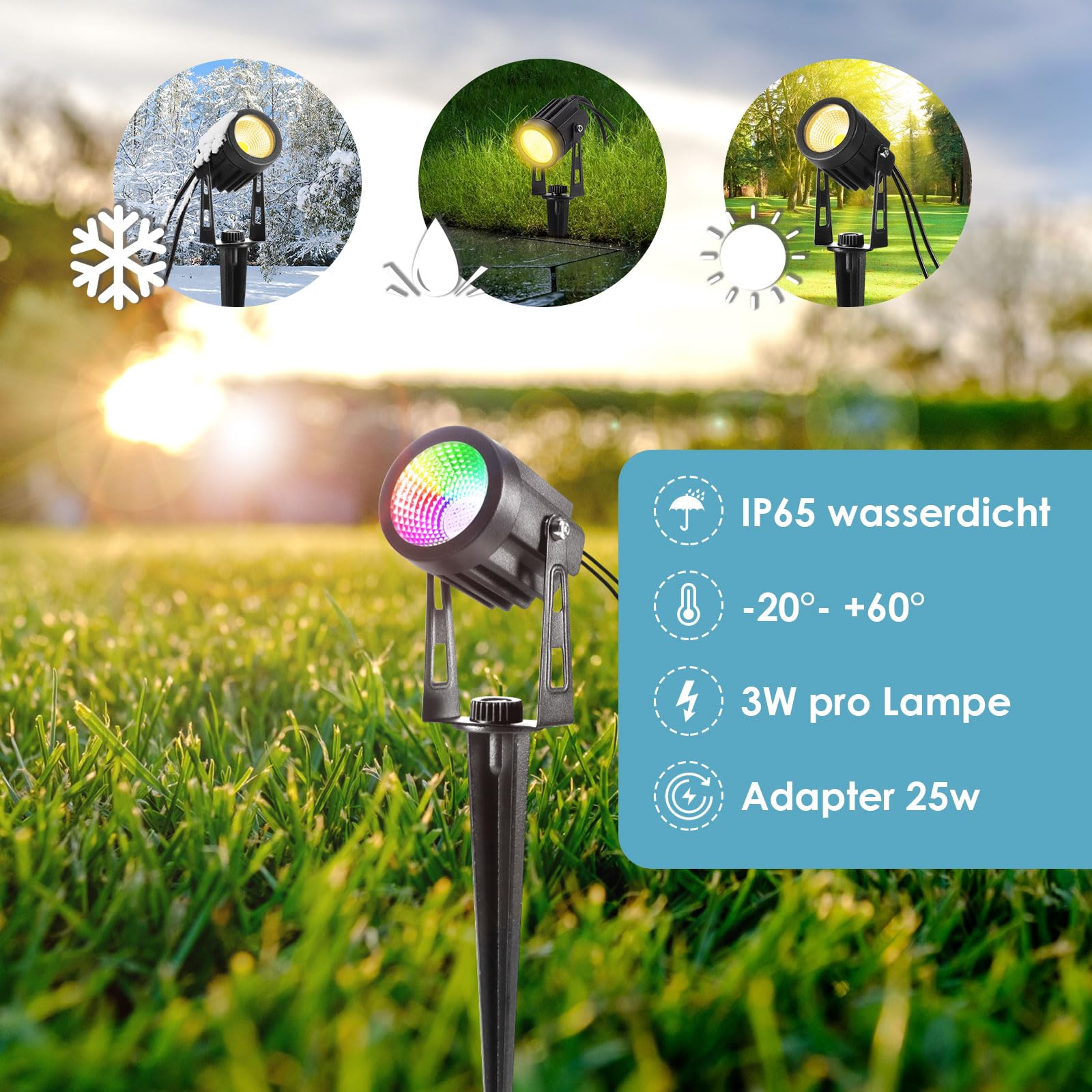 ECOWHO RGB Gartenbeleuchtung LED mit Fernbedienung und Timer,IP65 wasserdichte RGB gartenstrahler mit Strom，21M gartenleuchten mit Erdspieß für Außen Garten Rasen Bäume, Wege, Party und Teich（6 Stück）