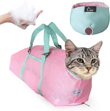 Cinf Cat Bathing BagFree Muzzle Breathable Mesh Anti Scratch Adjustable Cat Grooming Bag for Nail Trimming, Bathing Soft Cat Washing BagSpring L
