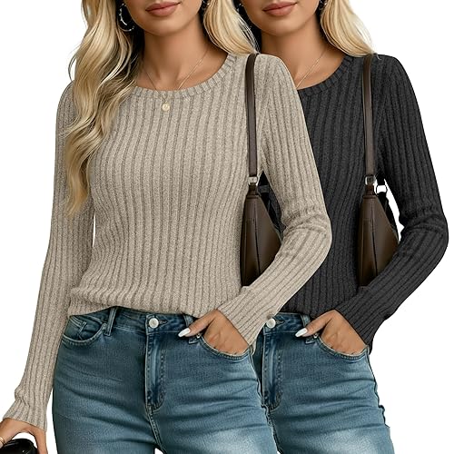 Ficerd 2 Pack Women's Long Sleeve Sweaters Ribbed Knit Fitted