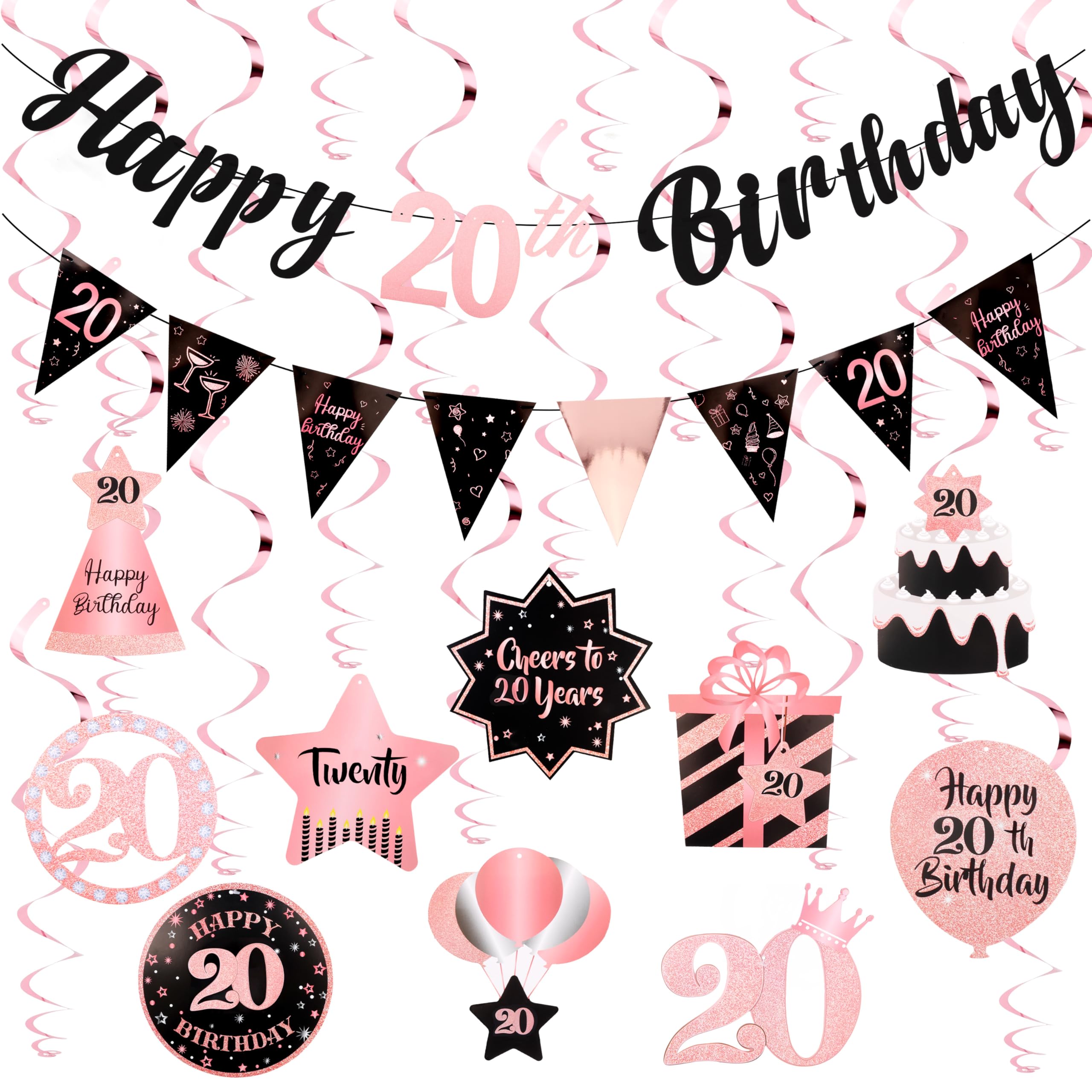 20th Birthday Decorations Rose Gold Pink Pre Strung Happy 20th Birthday Banner and Hanging Swirls for Women 20 Year Old Party Decorations Supplies