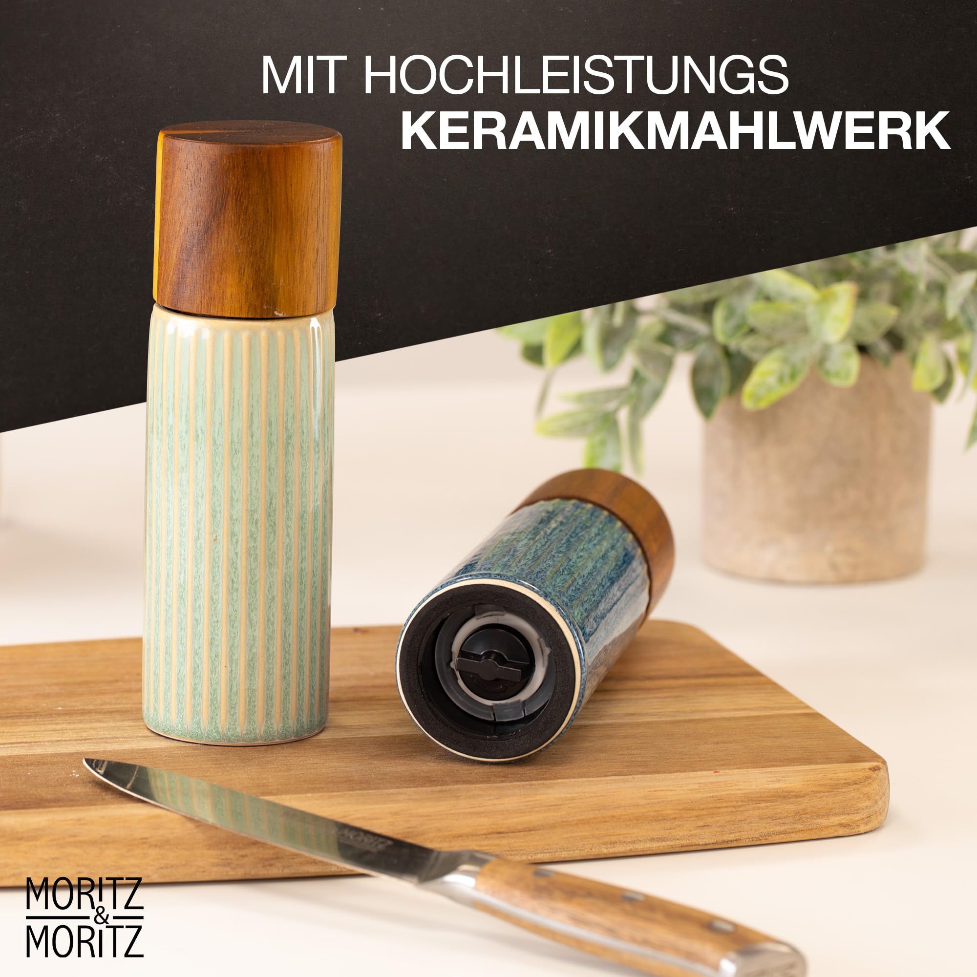 Moritz & Moritz PEPE Gewürzmühle 2er Set blau/grün - Salz und Pfeffermühle aus Steinzeug & Akazienholz mit Keramikmahlwerk, einstellbarem Mahlgrad und innovativem Click-System - Salzmühle & Chilimühle