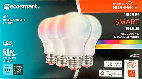 Bombilla LED inteligente A19 equivalente a 60 vatios que cambia de color CEC con control de voz (paquete de 4)