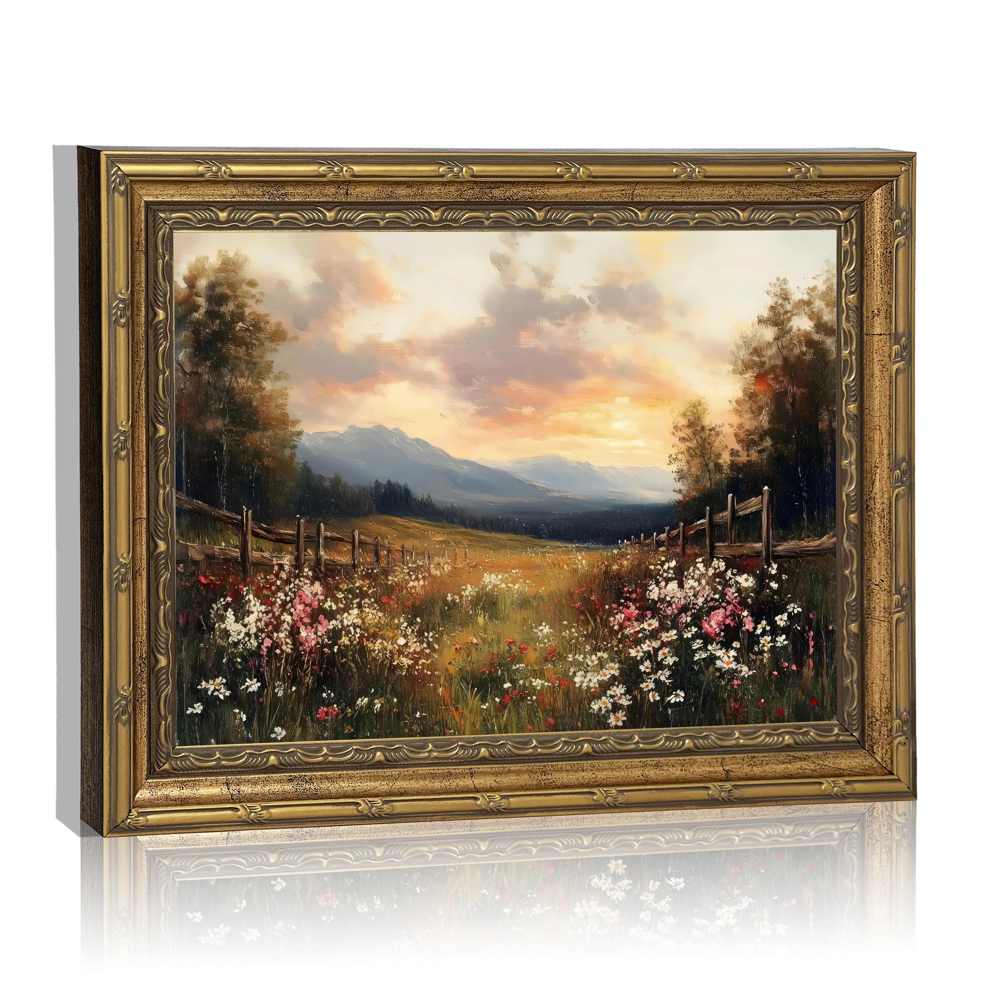 Vintage Gold Framed Wall Art, Retro Wildflower Canvas Print, Rustic Farmhouse Sunset Painting for Living Room, Bedroom, Office, 9x11 Inch - 2